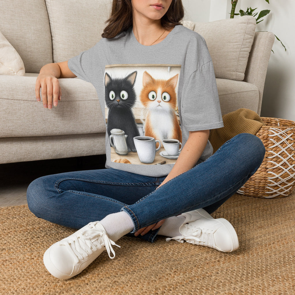 Cute Coffee Cats T‑Shirt — Wide‑Eyed Black & Ginger Kittens Graphic Tee