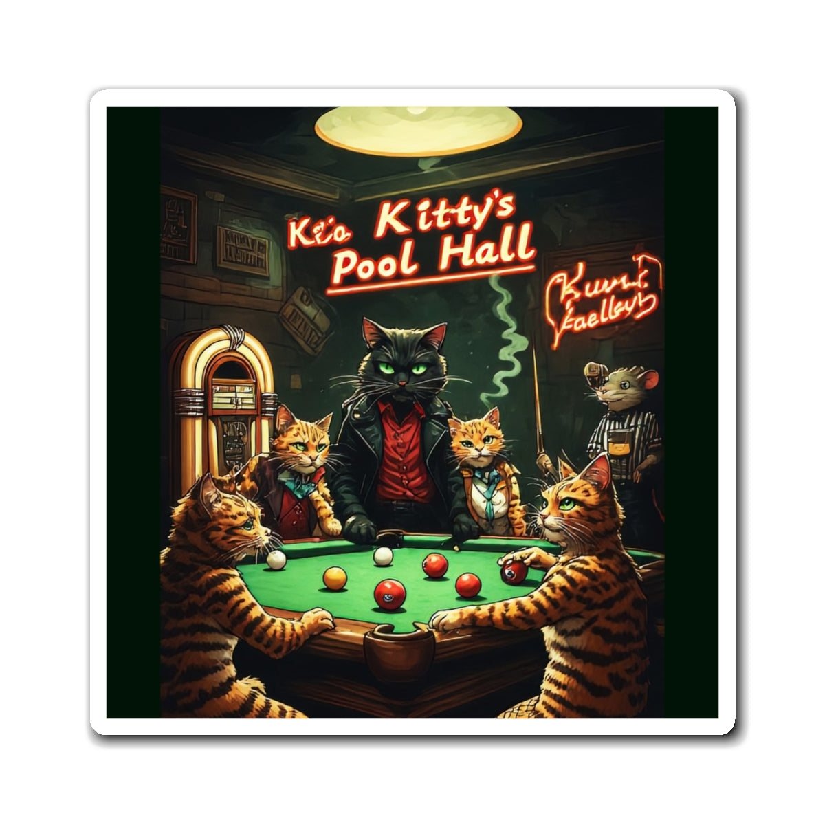 Kitty’s Pool Hall Magnet — Vintage Cat Billiards Refrigerator Decal
