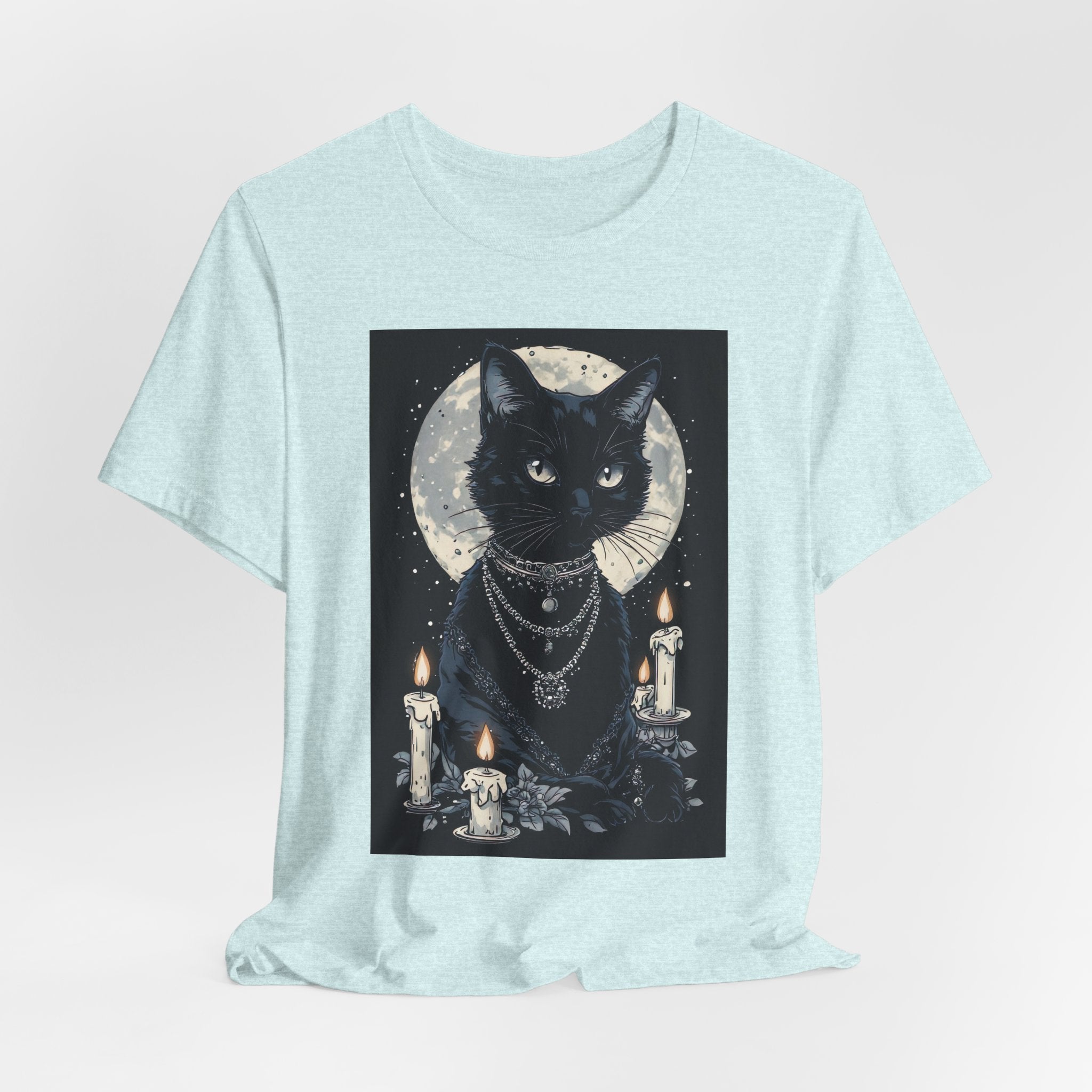 Mystic Moon Black Cat Tee — Gothic Cat T-Shirt with Candles & Crescent Moon