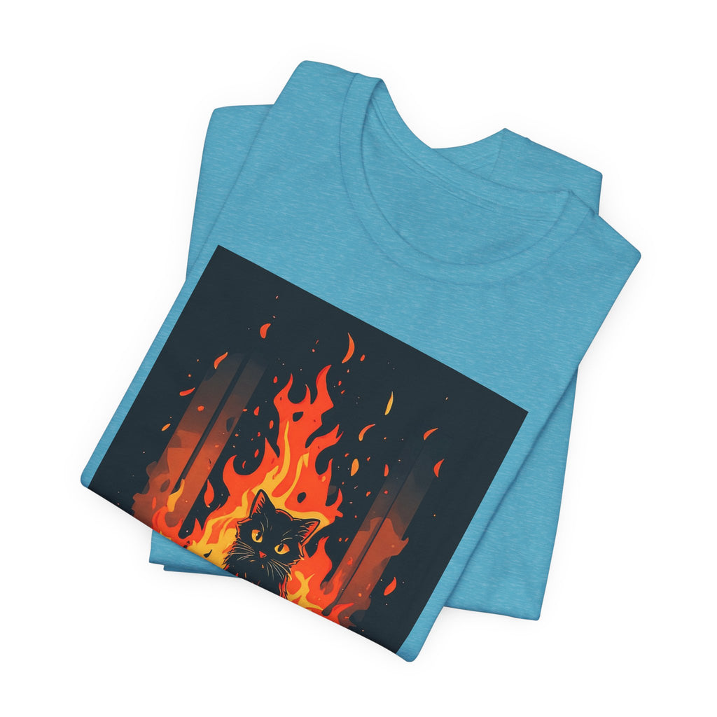 Everything Is Fine Cat Tee — Funny Cat Shirt with Burning Flames Graphic