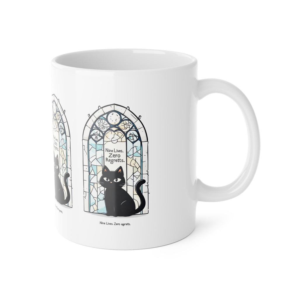 Cat Mug — Black Cat Stained Glass Design with "Nine Lives, Zero Regrets" — Ceramic Coffee Cup