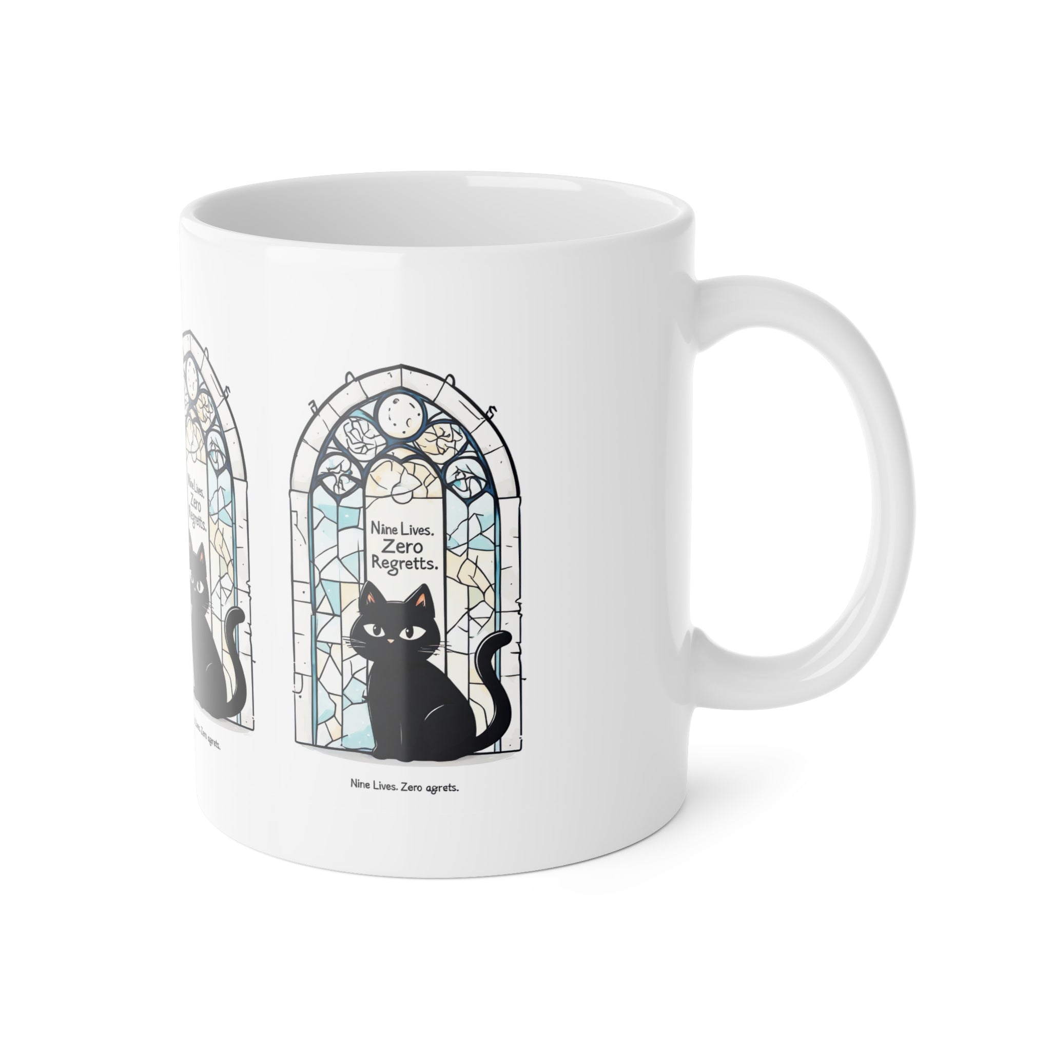 Cat Mug — Black Cat Stained Glass Design with "Nine Lives, Zero Regrets" — Ceramic Coffee Cup