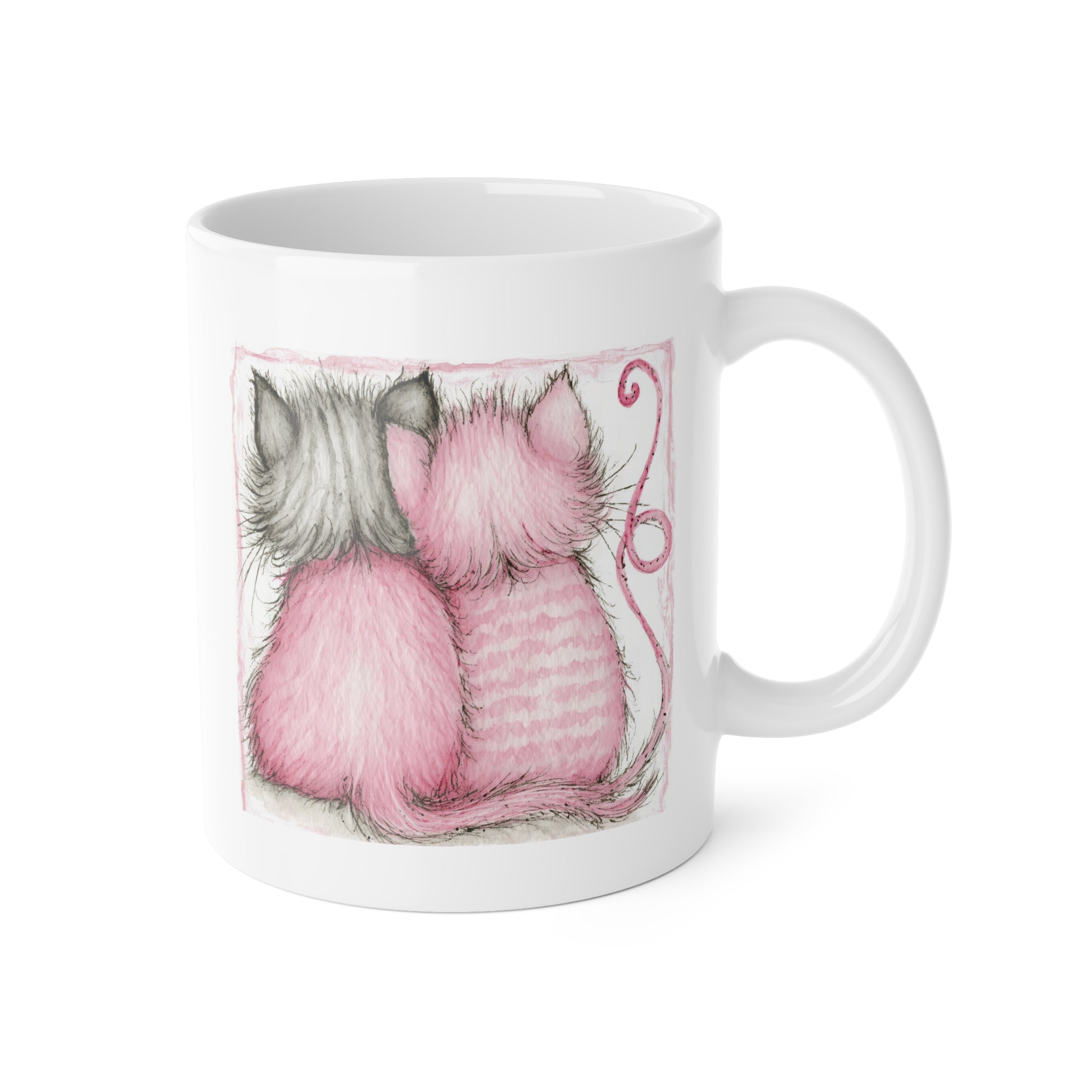 Cat Lovers Mug — Pair of Pink & Gray Kittens Illustration 11oz Ceramic