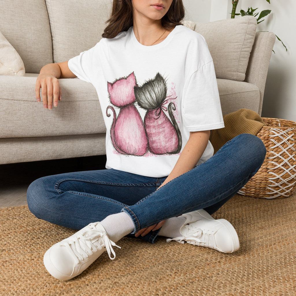 Sweetheart Cats T-Shirt — Pink & Gray Kitty Love Graphic Tee