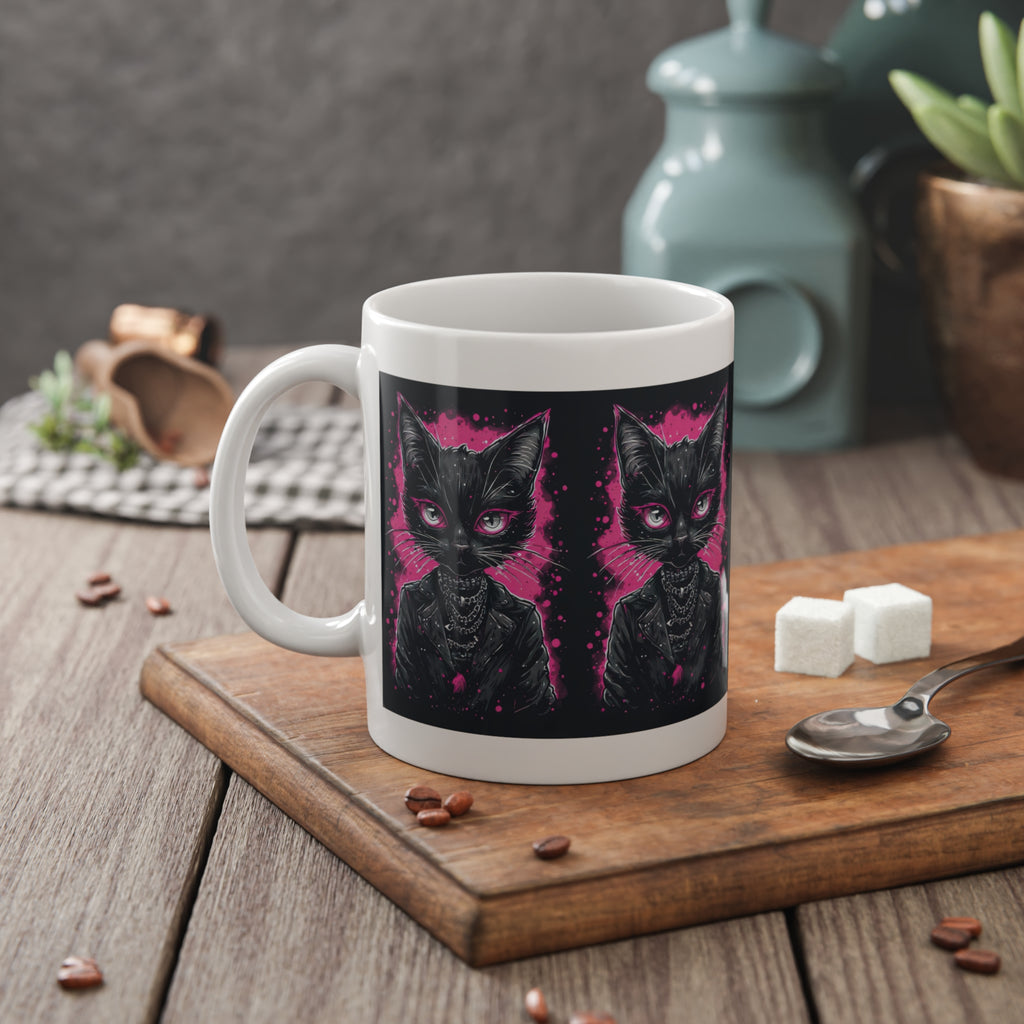 Gothic Black Cat Mug — Pink Neon Kitty Portrait Ceramic Coffee Cup, Cute Alternative Gift