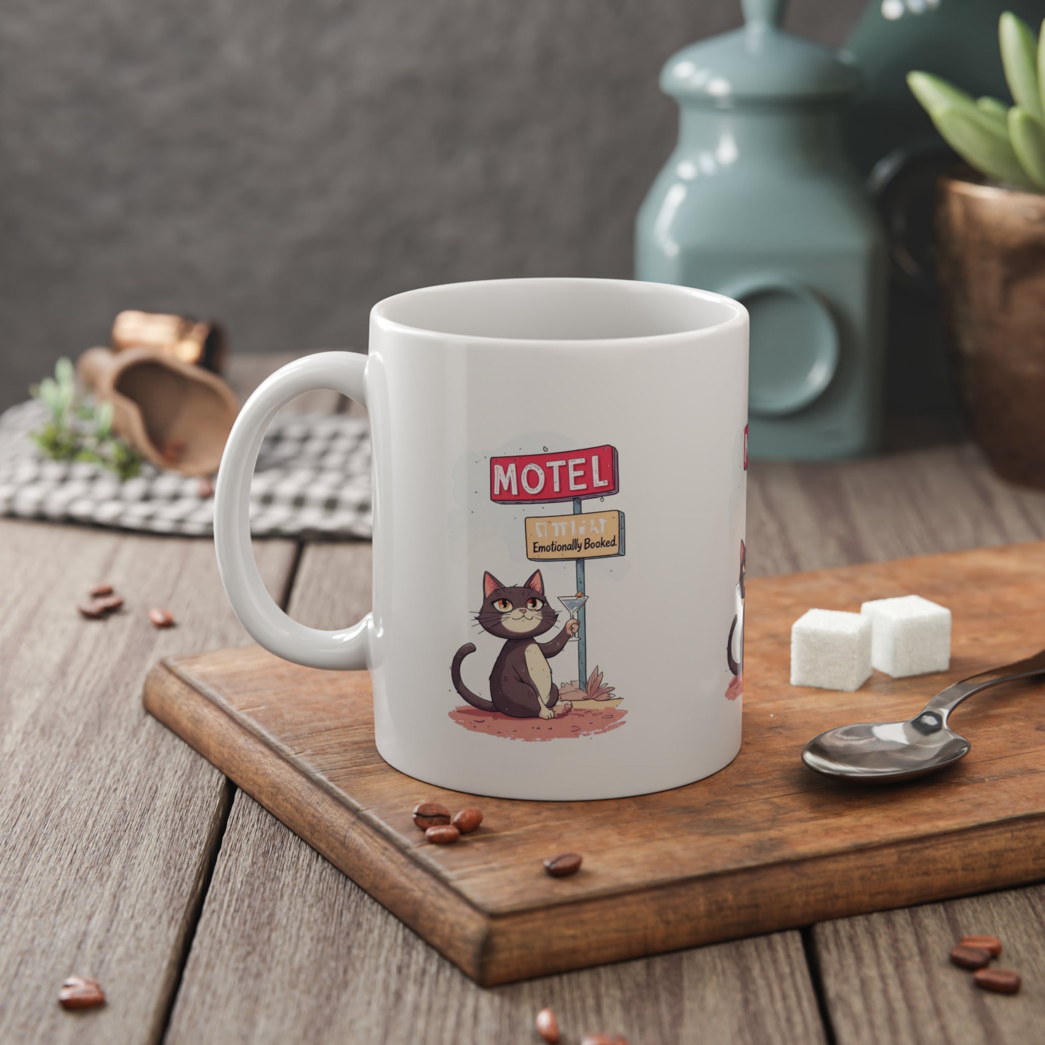 Motel Cat Ceramic Mug — 'Emotionally Booked' Cute Cat Coffee Cup, 11oz