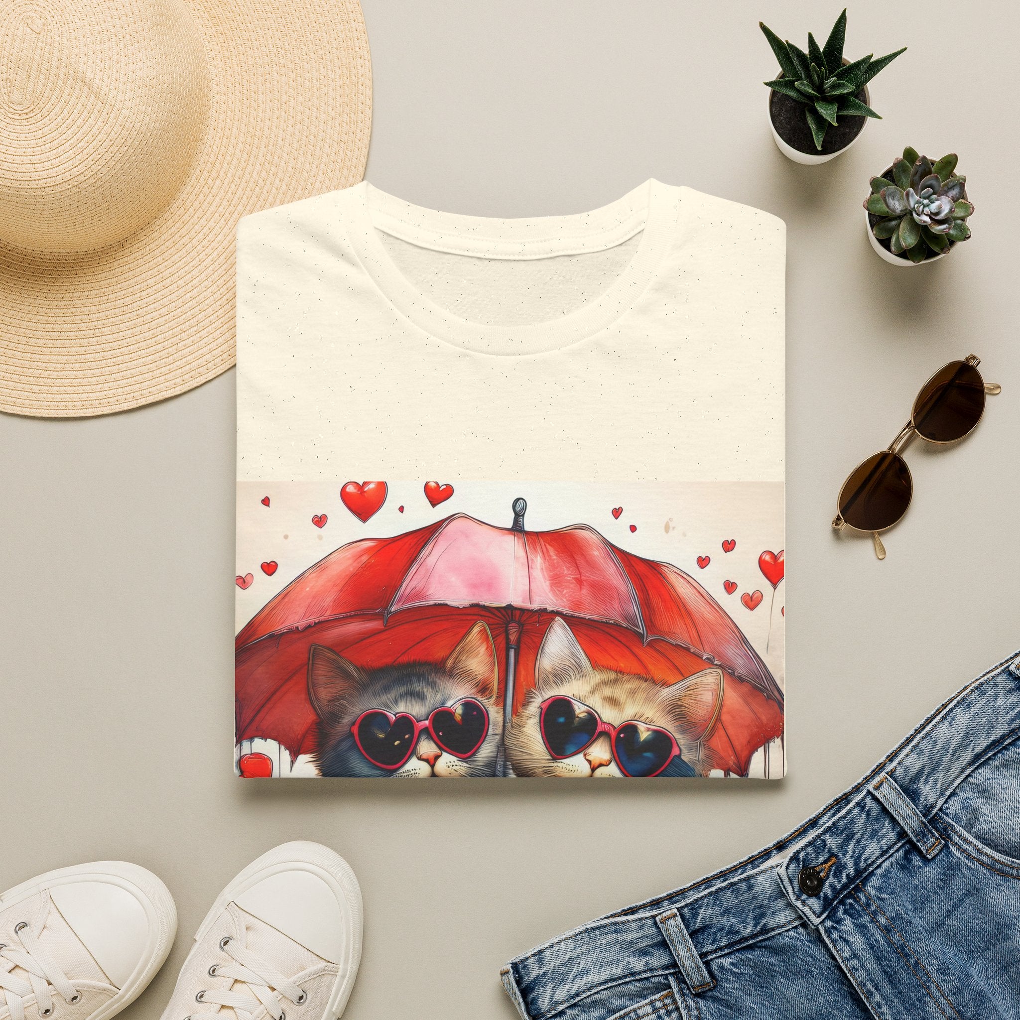 Cat Love T-Shirt — Kittens with Heart Sunglasses Under Red Umbrella