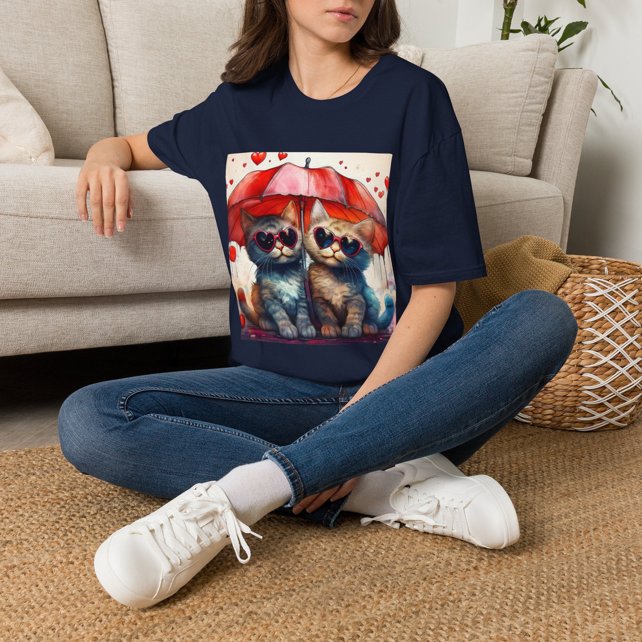 Cat Love T-Shirt — Kittens with Heart Sunglasses Under Red Umbrella