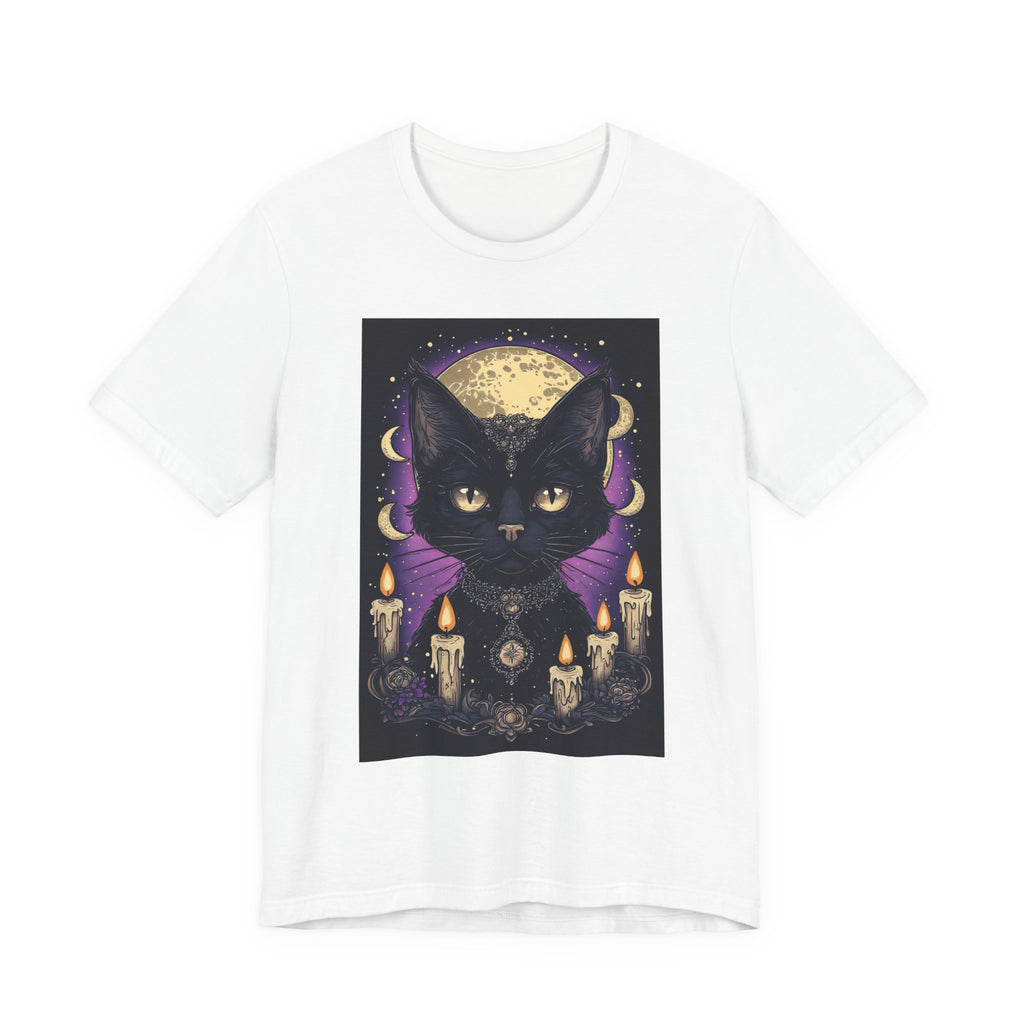 Mystic Black Cat Tee — Moon, Candles & Crescent Phases Graphic T-Shirt