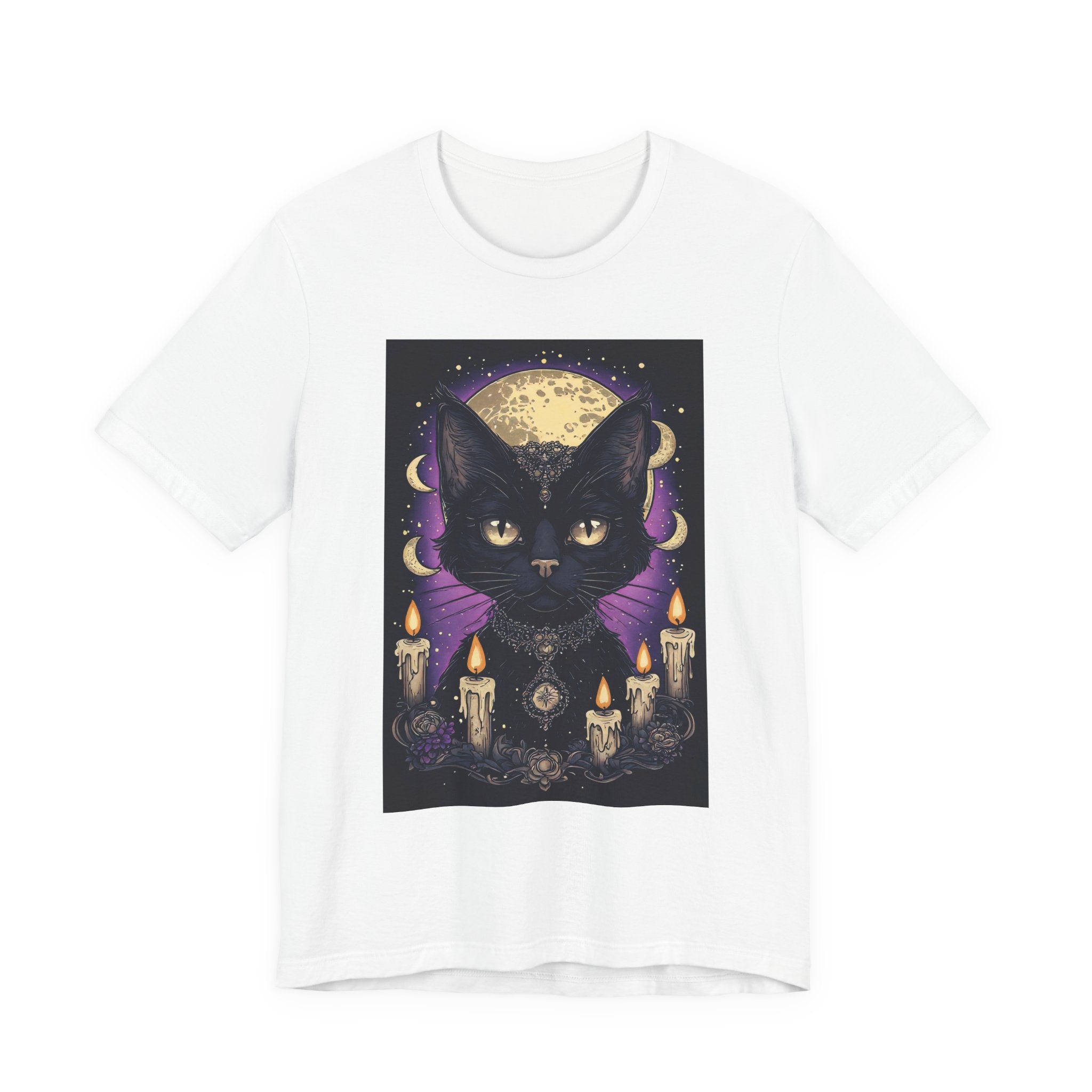 Mystic Black Cat Tee — Moon, Candles & Crescent Phases Graphic T-Shirt