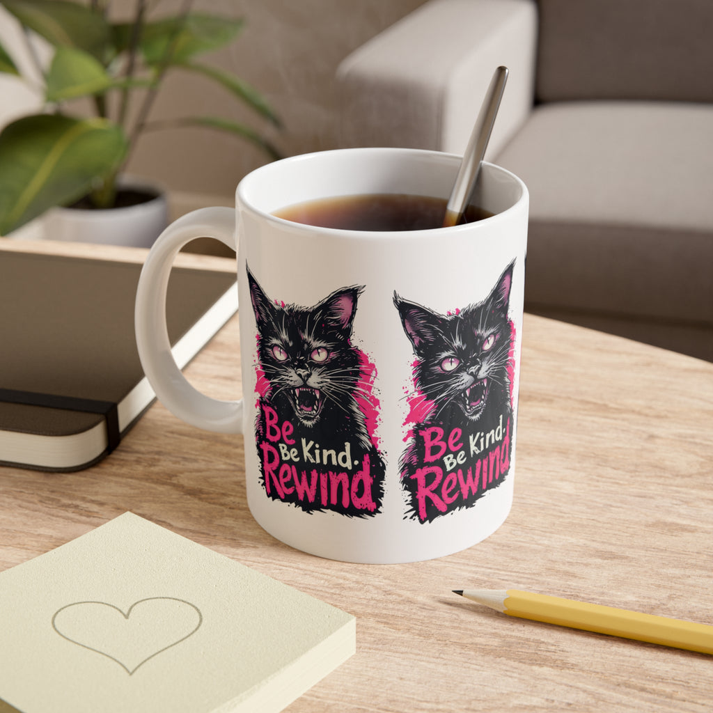 Cat Mug — 'Be Kind. Rewind.' Retro Grunge Black Cat Coffee Cup, Gift for Cat Lovers