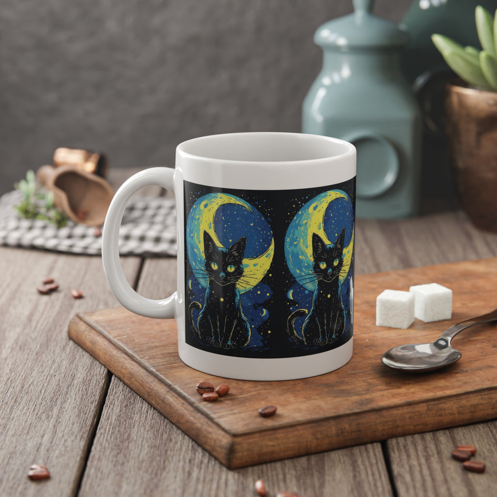 Black Cat Moon Mug — Cute Night Sky Ceramic Coffee Cup