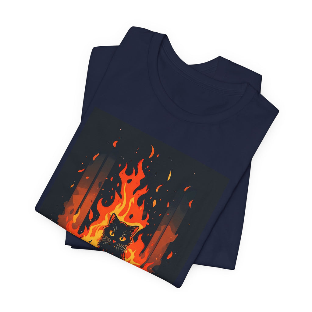 Everything Is Fine Cat Tee — Funny Cat Shirt with Burning Flames Graphic