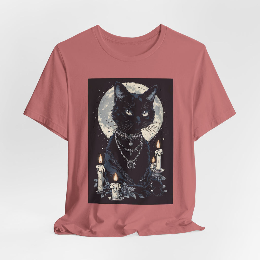 Mystic Moon Black Cat Tee — Gothic Cat T-Shirt with Candles & Crescent Moon