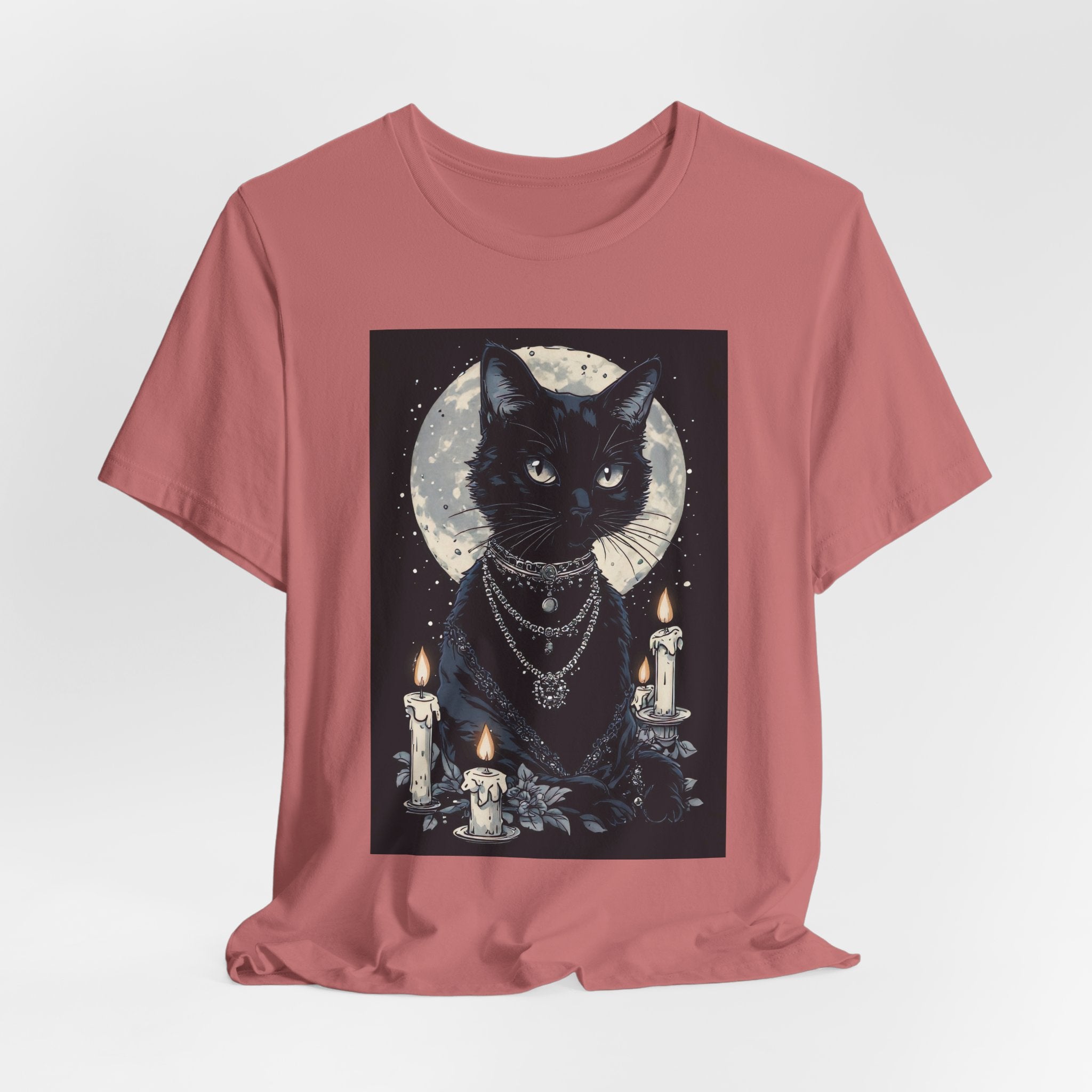 Mystic Moon Black Cat Tee — Gothic Cat T-Shirt with Candles & Crescent Moon