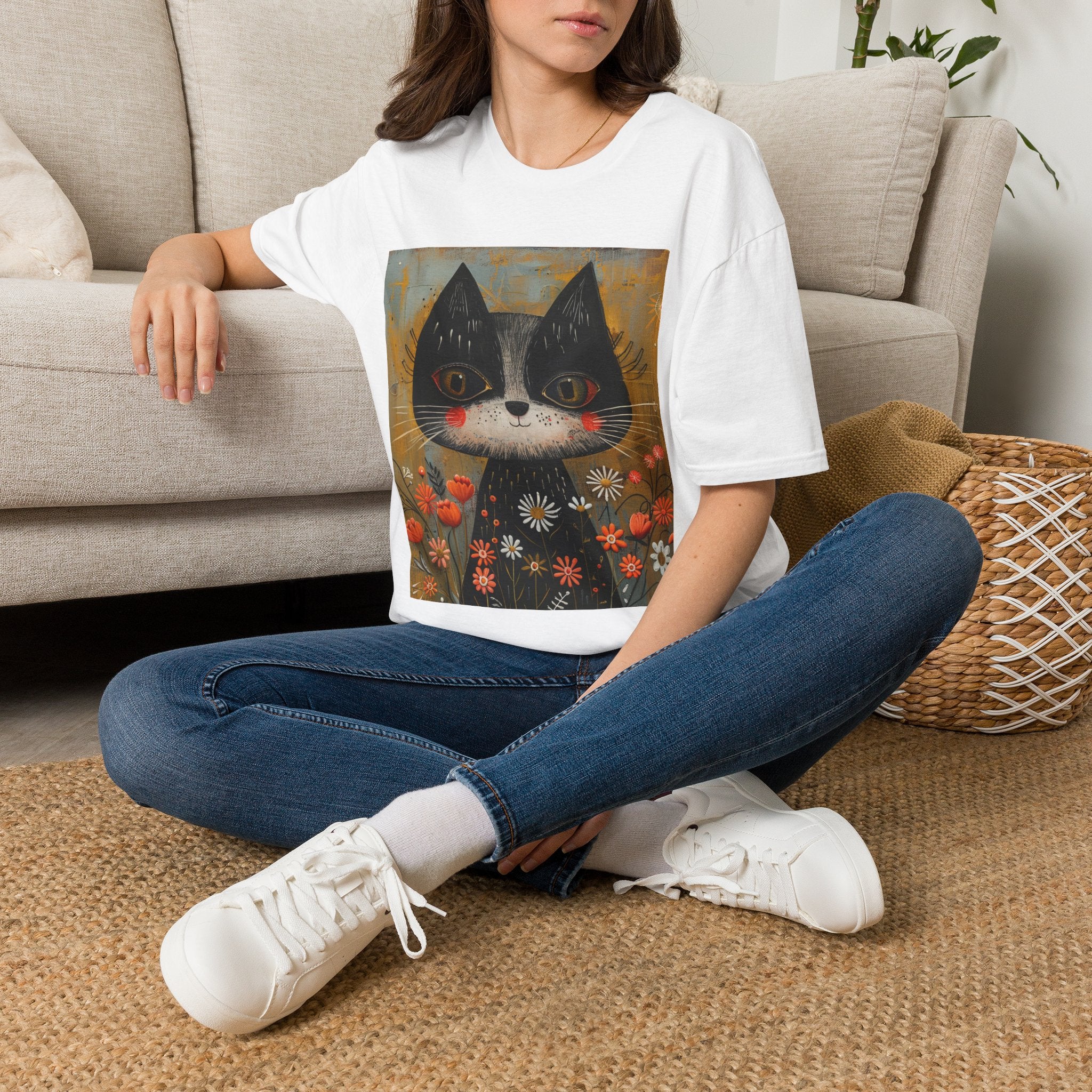 Whimsical Black & White Cat Tee — Cute Floral Portrait T-Shirt