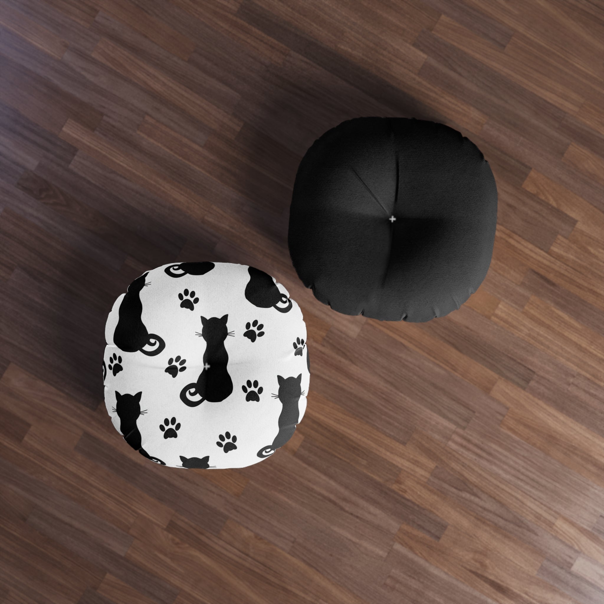 Round Tufted Floor Pillow — Black Cat Silhouette & Paw Print Pattern