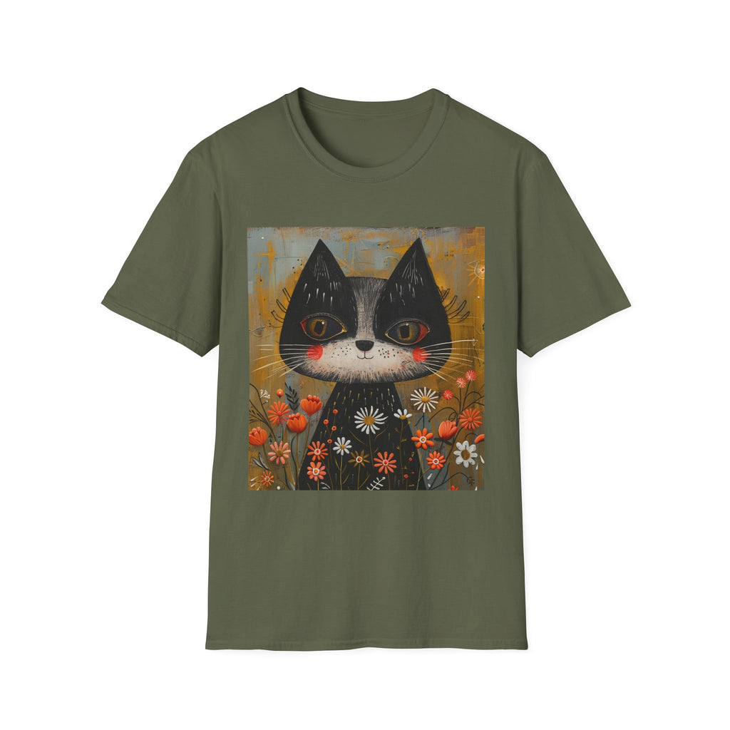 Whimsical Black & White Cat Tee — Cute Floral Portrait T-Shirt