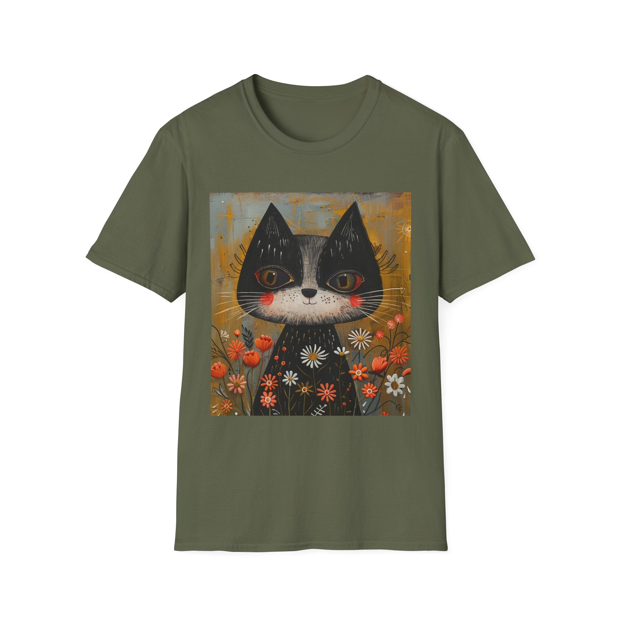 Whimsical Black & White Cat Tee — Cute Floral Portrait T-Shirt