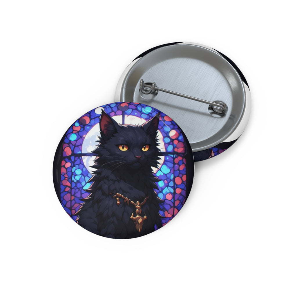 Cat Pin Button — Black Cat Portrait Stained Glass Badge
