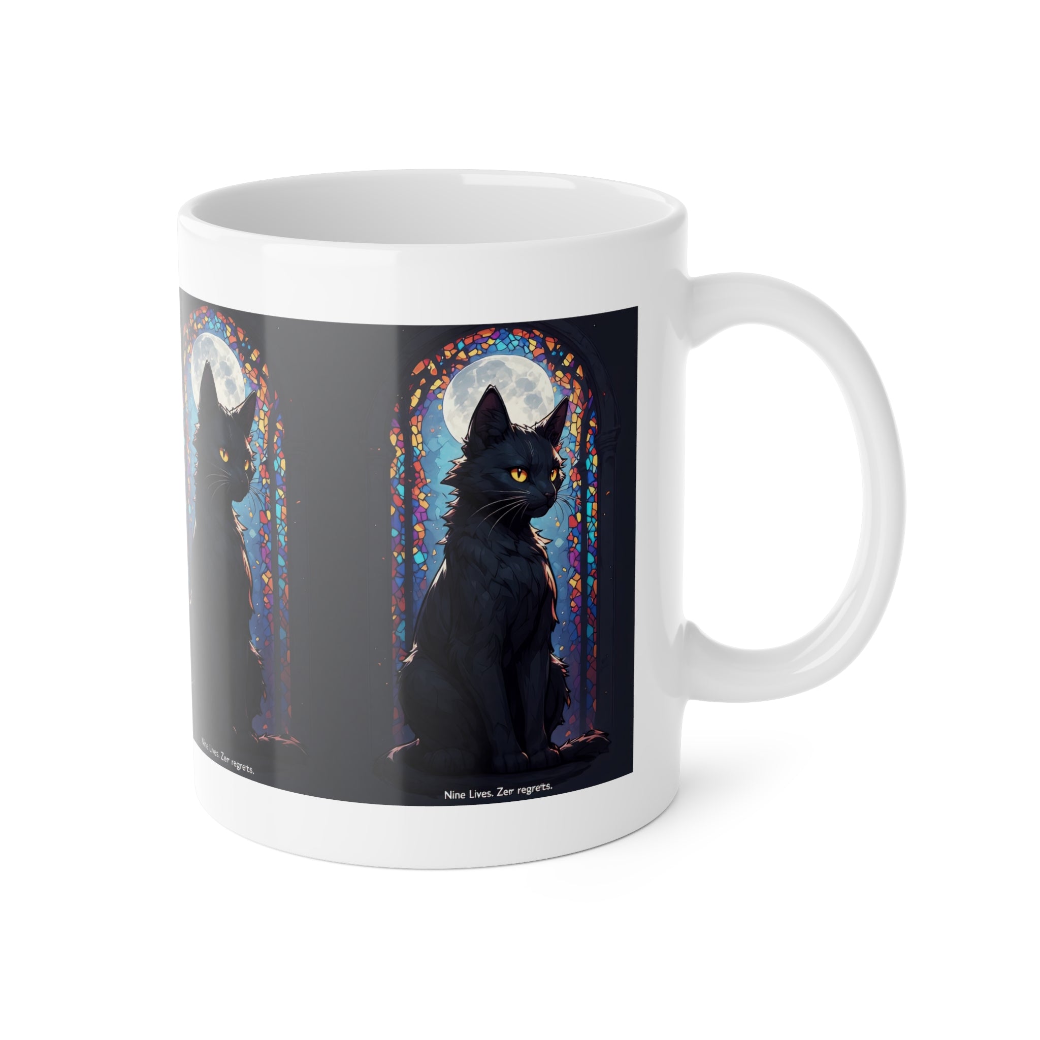 Black Cat Moon Mug — Mystical Stained Glass Cat Coffee Cup