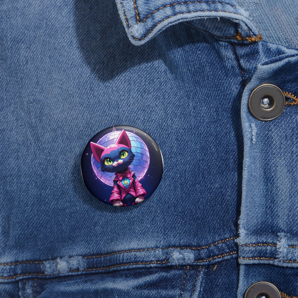 Disco Cat Pin Button — Cute Neon Cat Badge with Mirror Ball