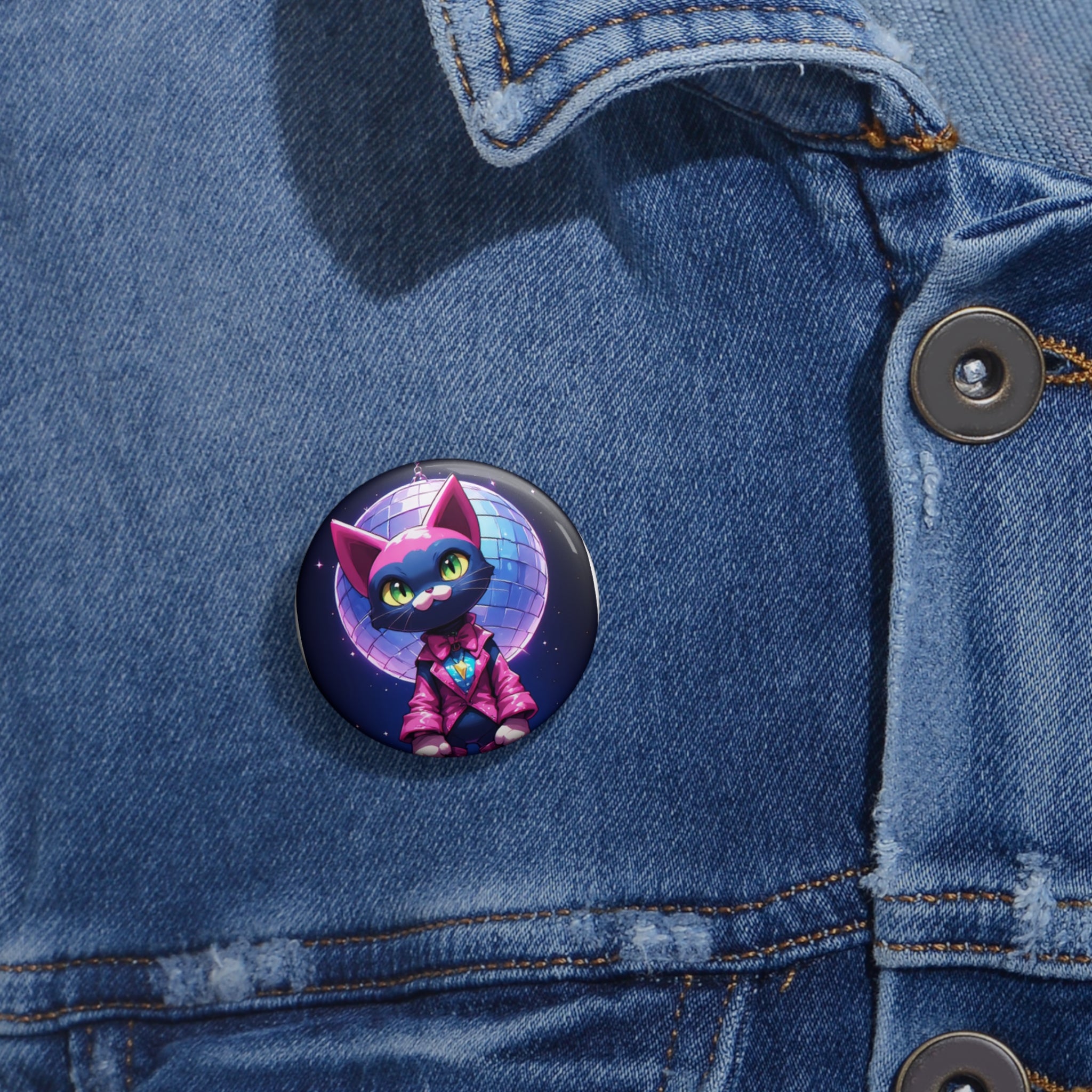 Disco Cat Pin Button — Cute Neon Cat Badge with Mirror Ball