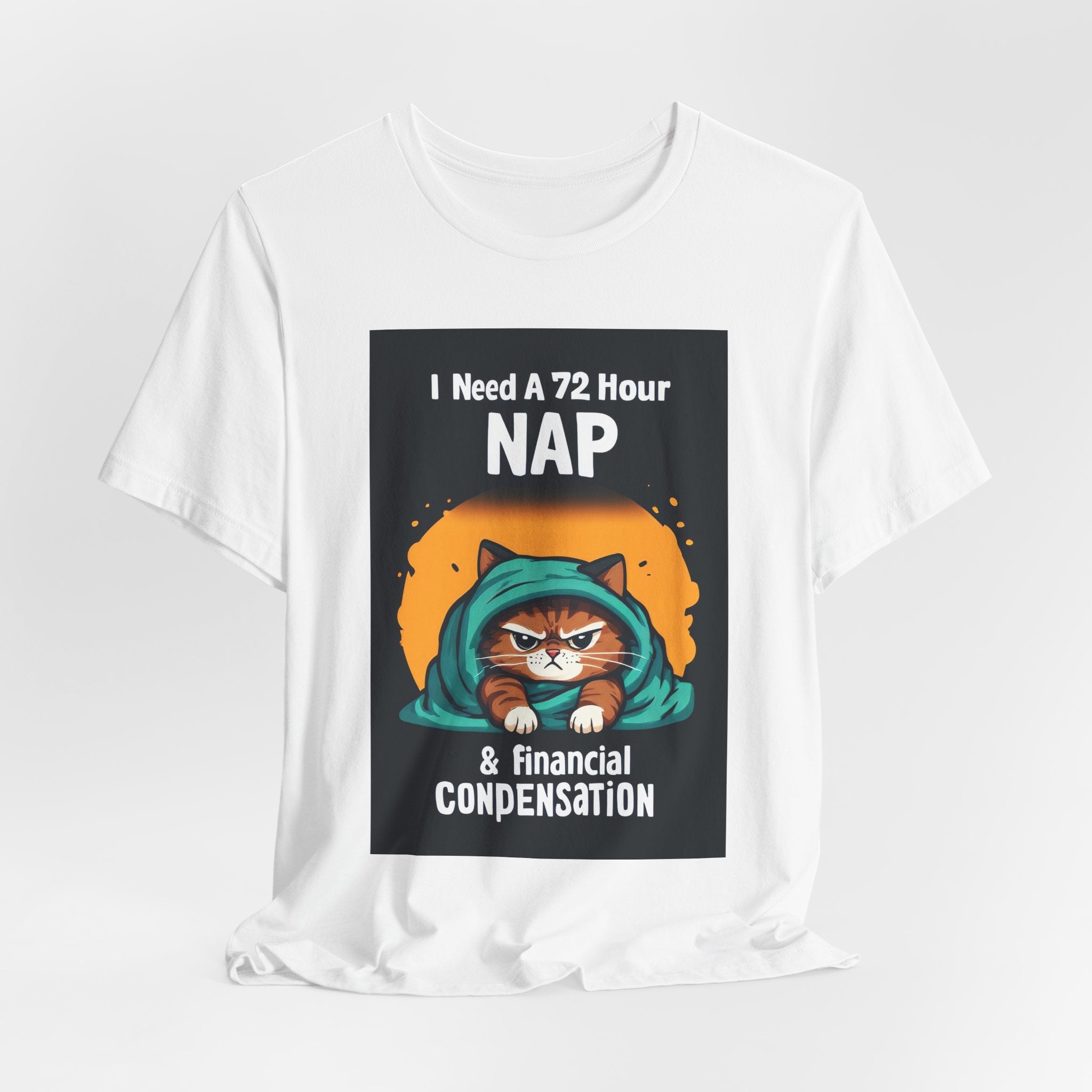 Nap & Financial Compensation T-Shirt — Funny Cat 72-Hour Nap Tee