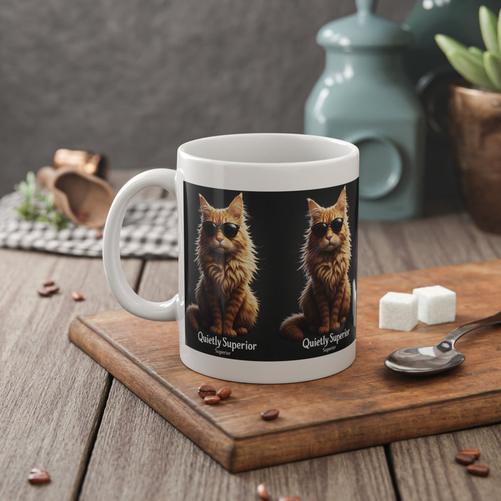 Cat Mug — 'Quietly Superior' Sunglasses Cat Ceramic Coffee Cup, Funny Gift for Cat Lovers