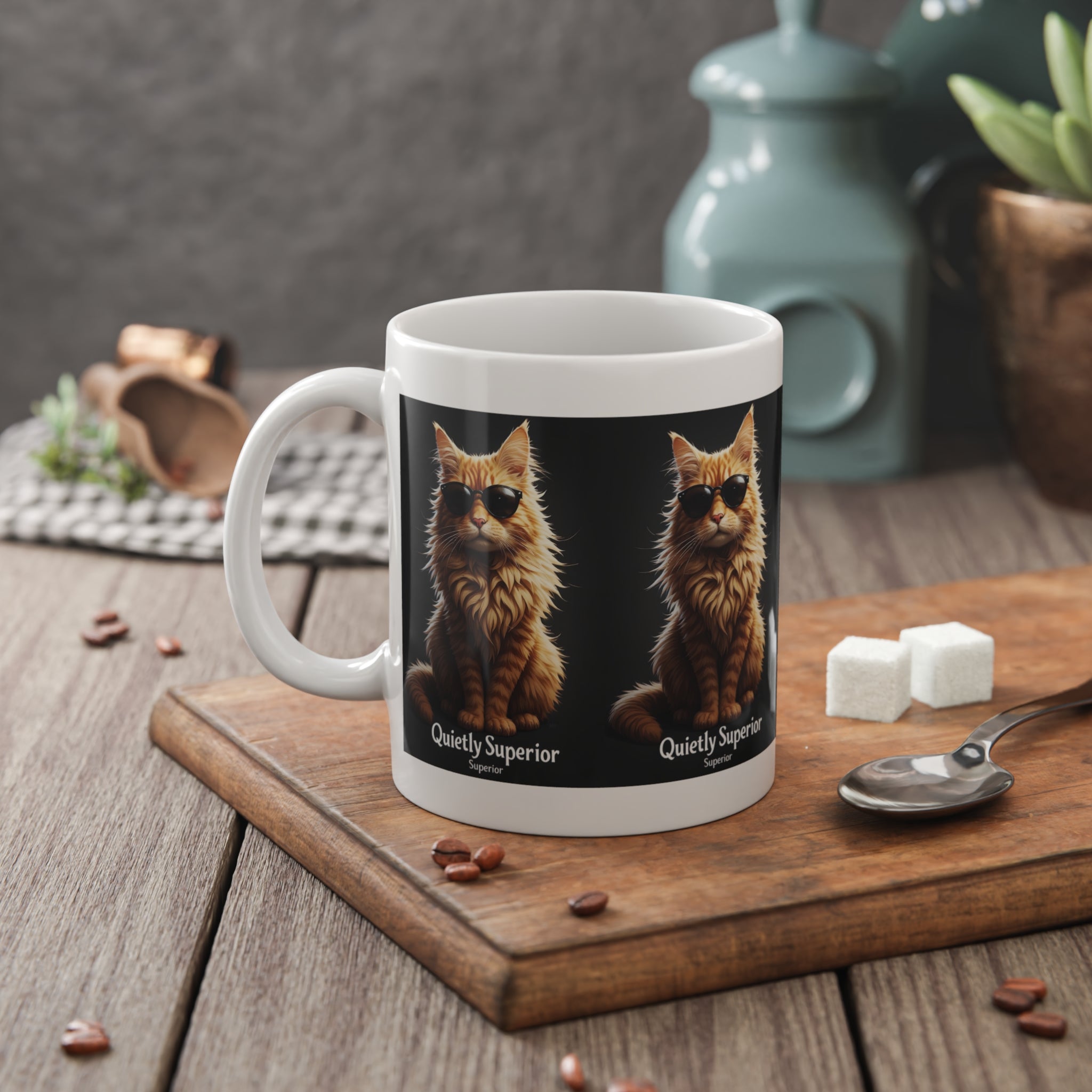 Cat Mug — 'Quietly Superior' Sunglasses Cat Ceramic Coffee Cup, Funny Gift for Cat Lovers