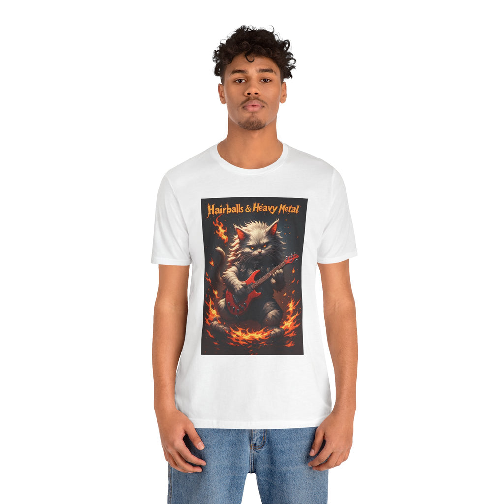 Hairballs & Heavy Metal T‑Shirt — Cat Guitarist Rock Tee