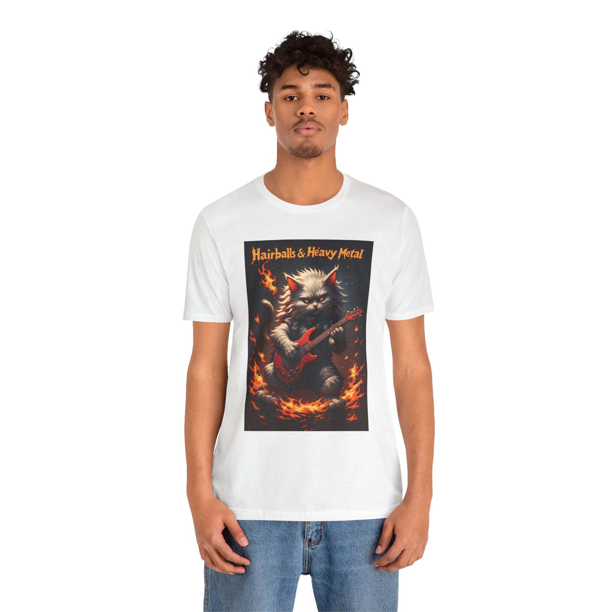Hairballs & Heavy Metal T‑Shirt — Cat Guitarist Rock Tee