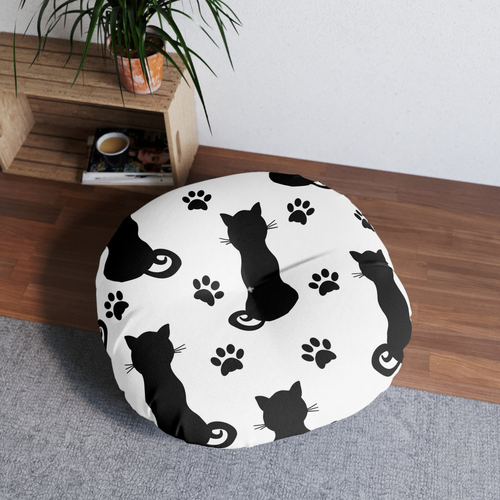 Round Tufted Floor Pillow — Black Cat Silhouette & Paw Print Pattern