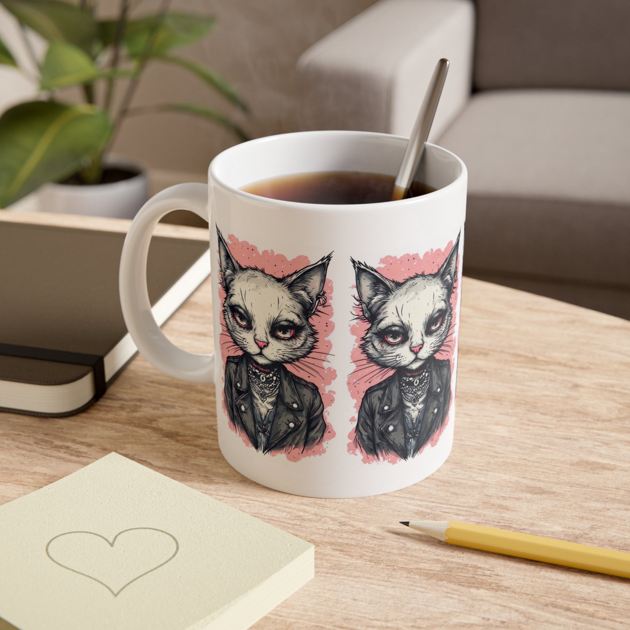 Goth Cat Mug — Punk Cat Portrait Ceramic Coffee Cup (11oz)