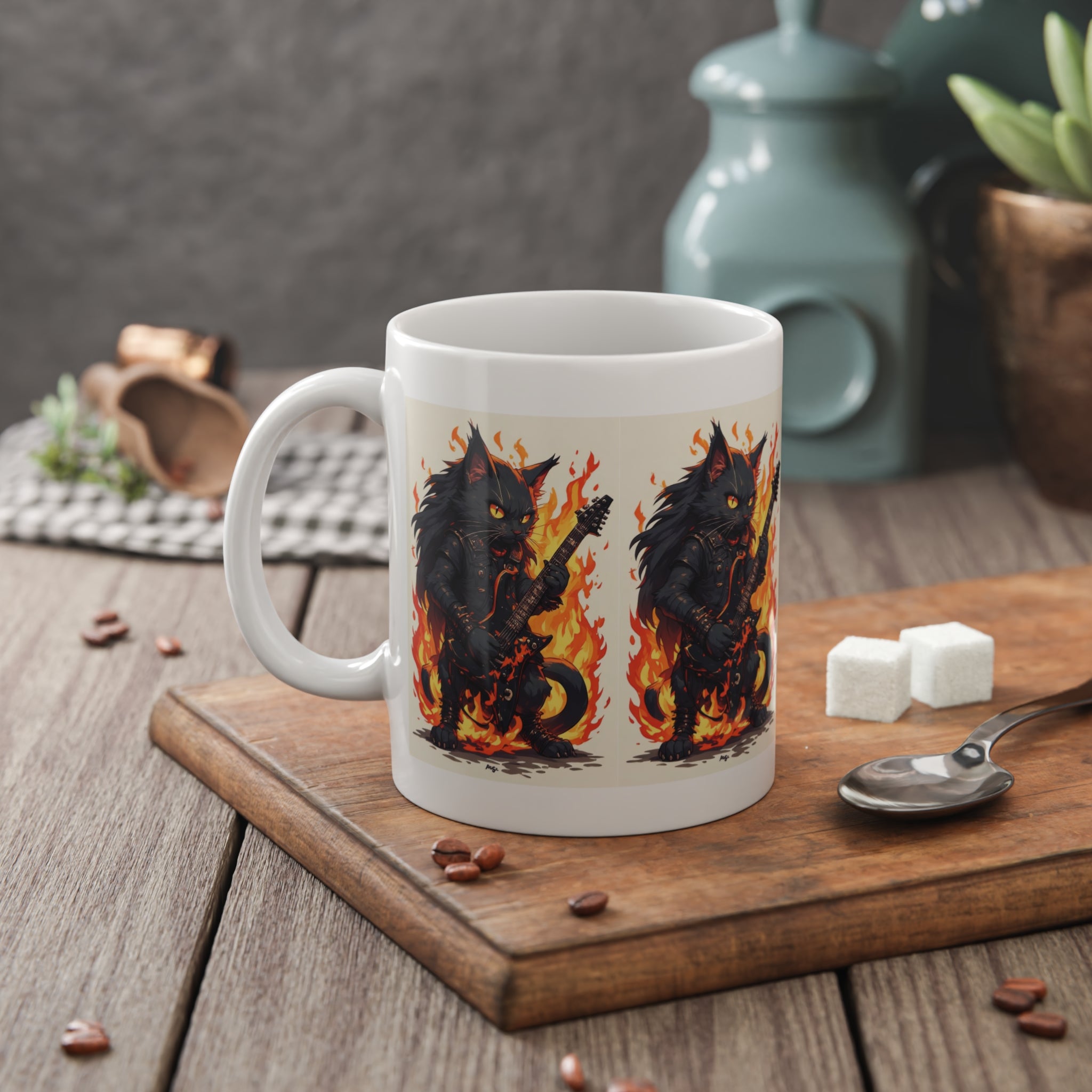 Flaming Rock Cat Mug — Black Cat Playing Electric Guitar Ceramic Coffee Cup