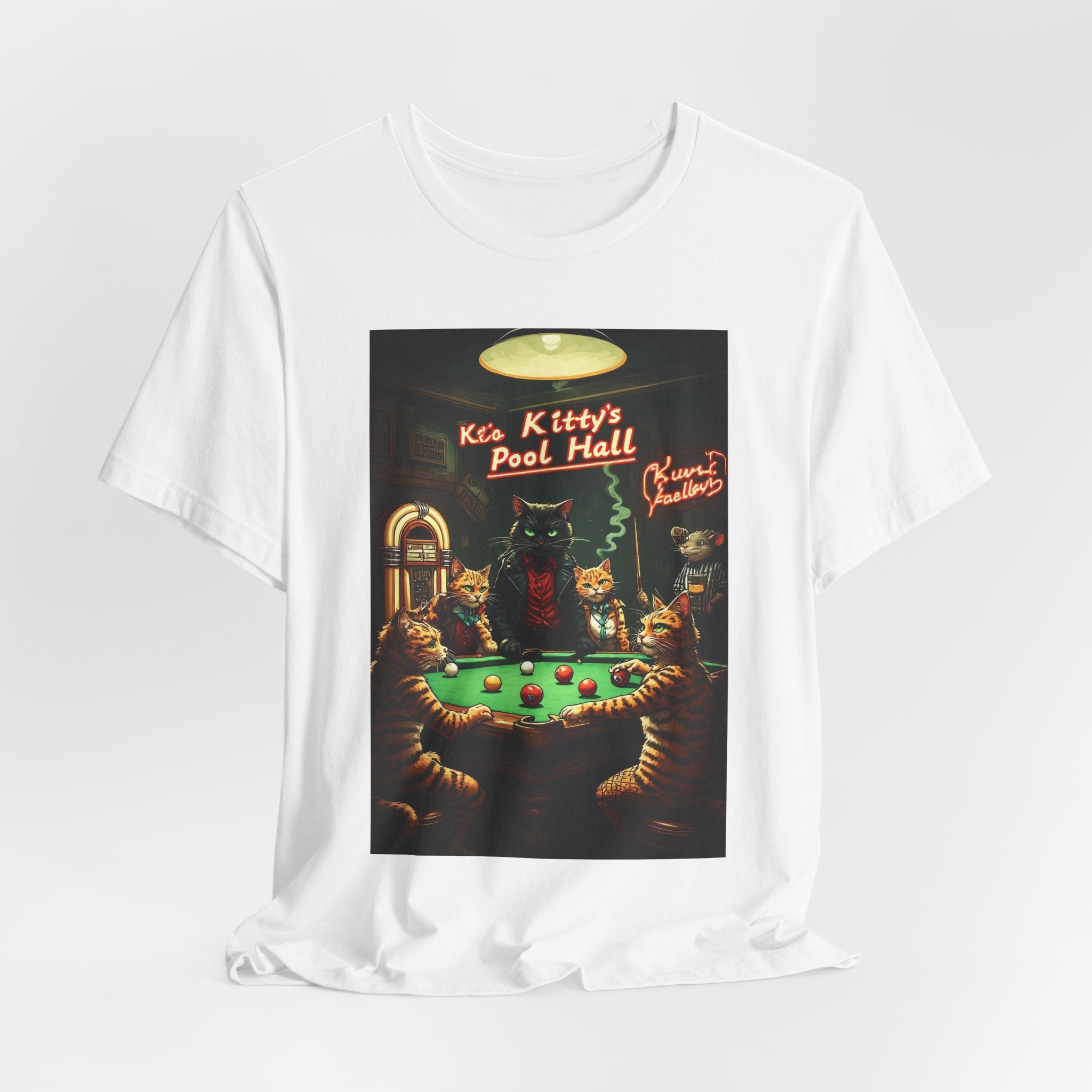 Cat Pool Hall Graphic Tee — "Kitty's Pool Hall" Vintage Billiards Shirt