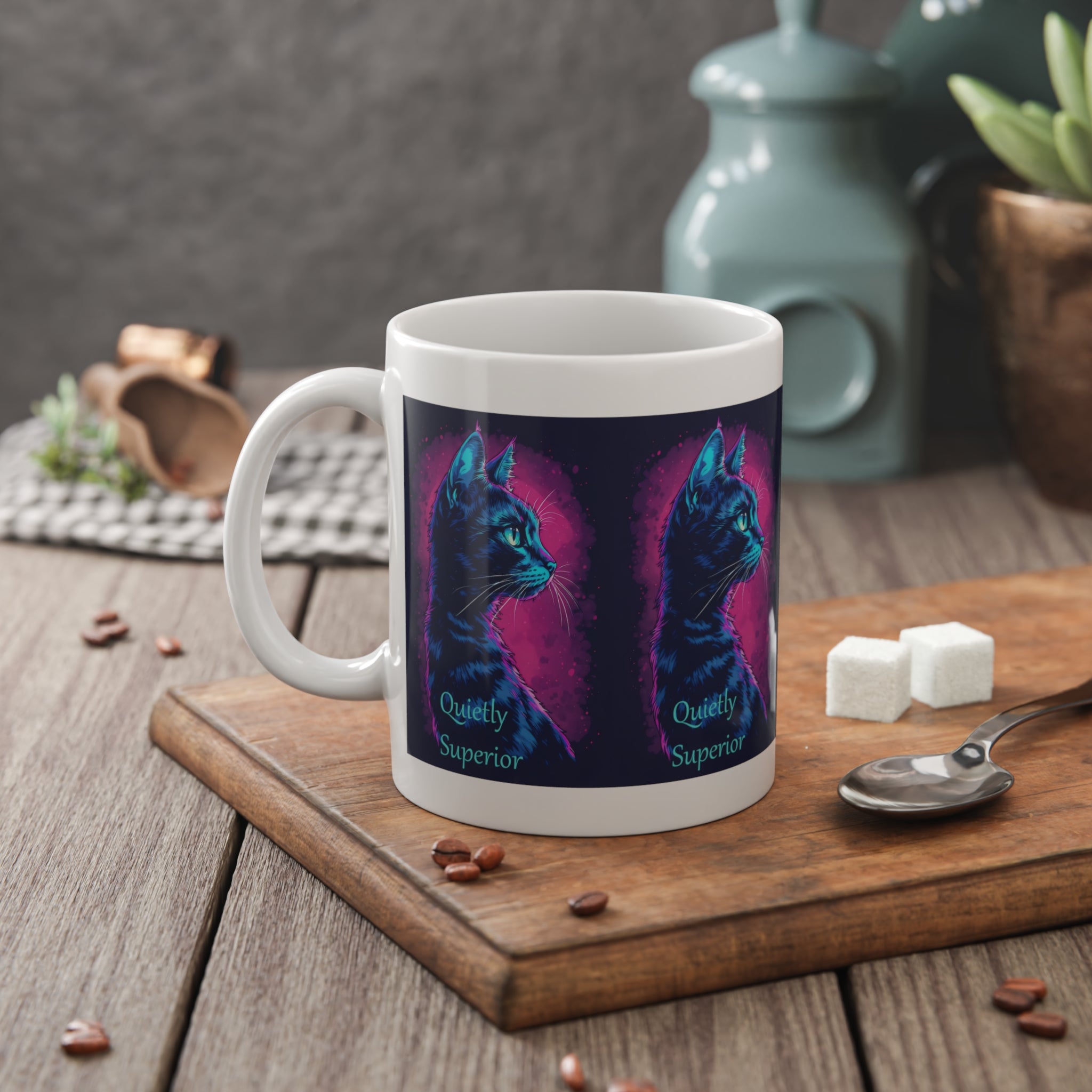 Quietly Superior Cat Mug — Neon Retro Ceramic Coffee Cup, Gift for Cat Lovers