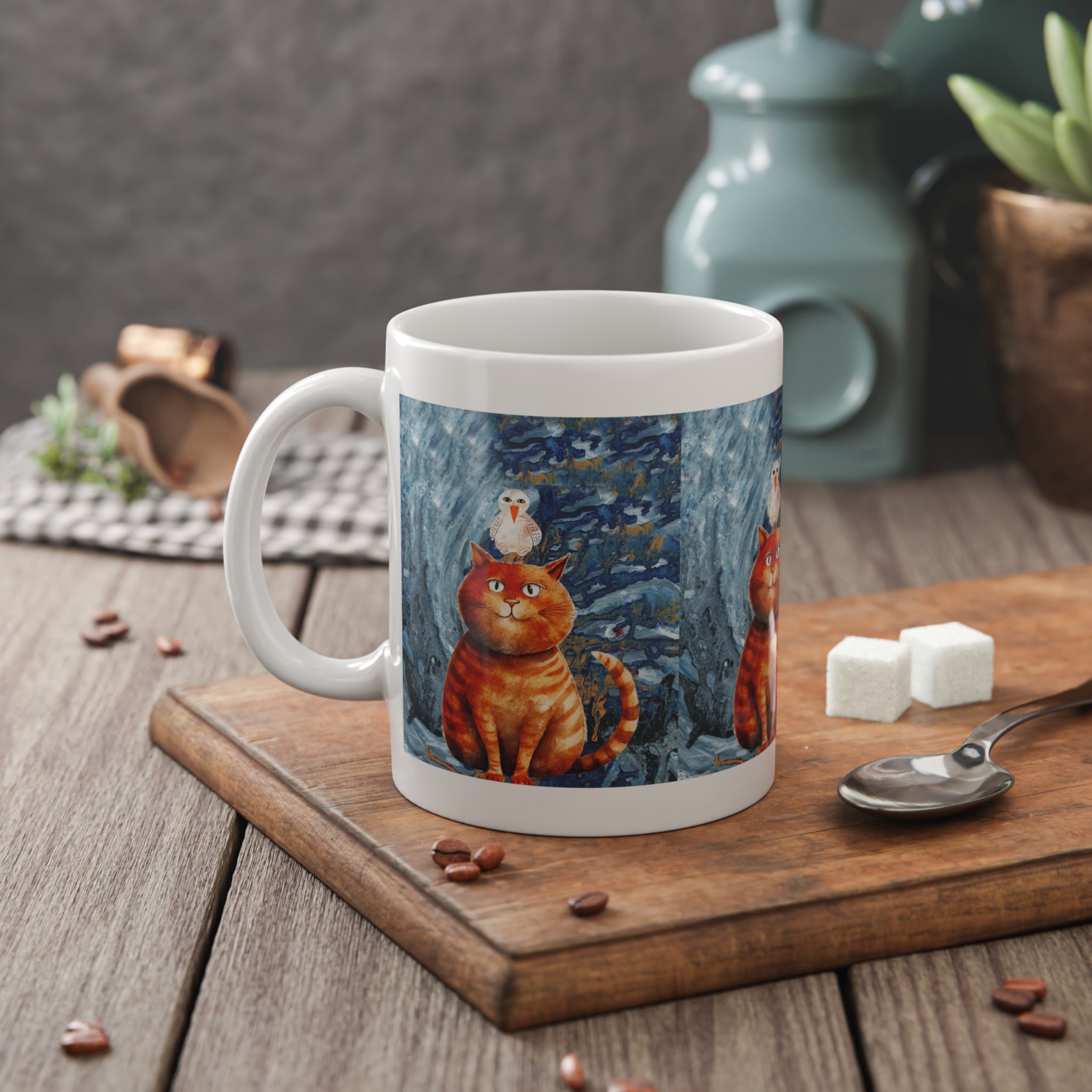 Cat & Bird Winter Mug — Whimsical Illustrated Cat with Snowy Forest Scene, 11oz Ceramic
