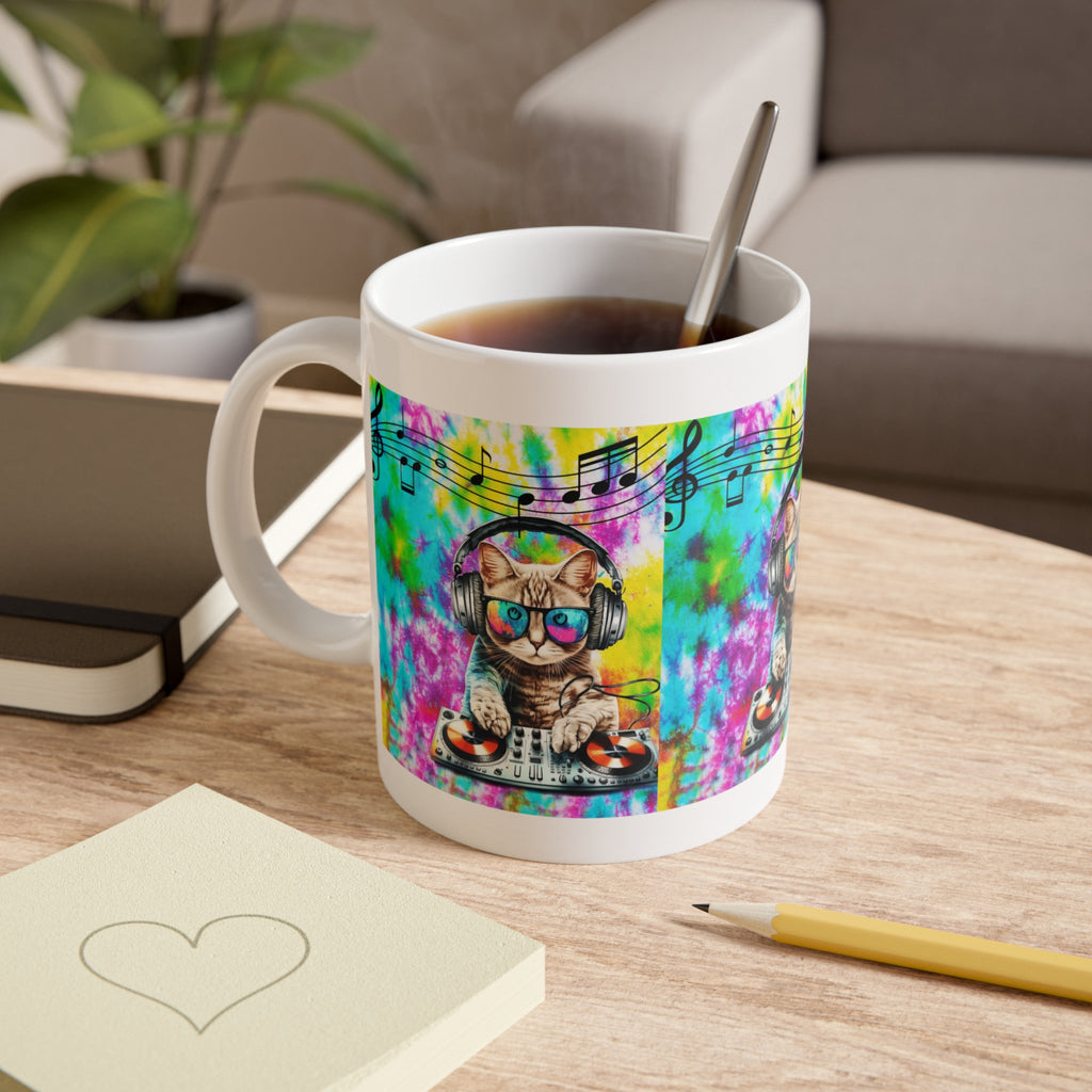 DJ Cat Tie-Dye Ceramic Mug — Cute Cat with Headphones & Music Notes, 11oz