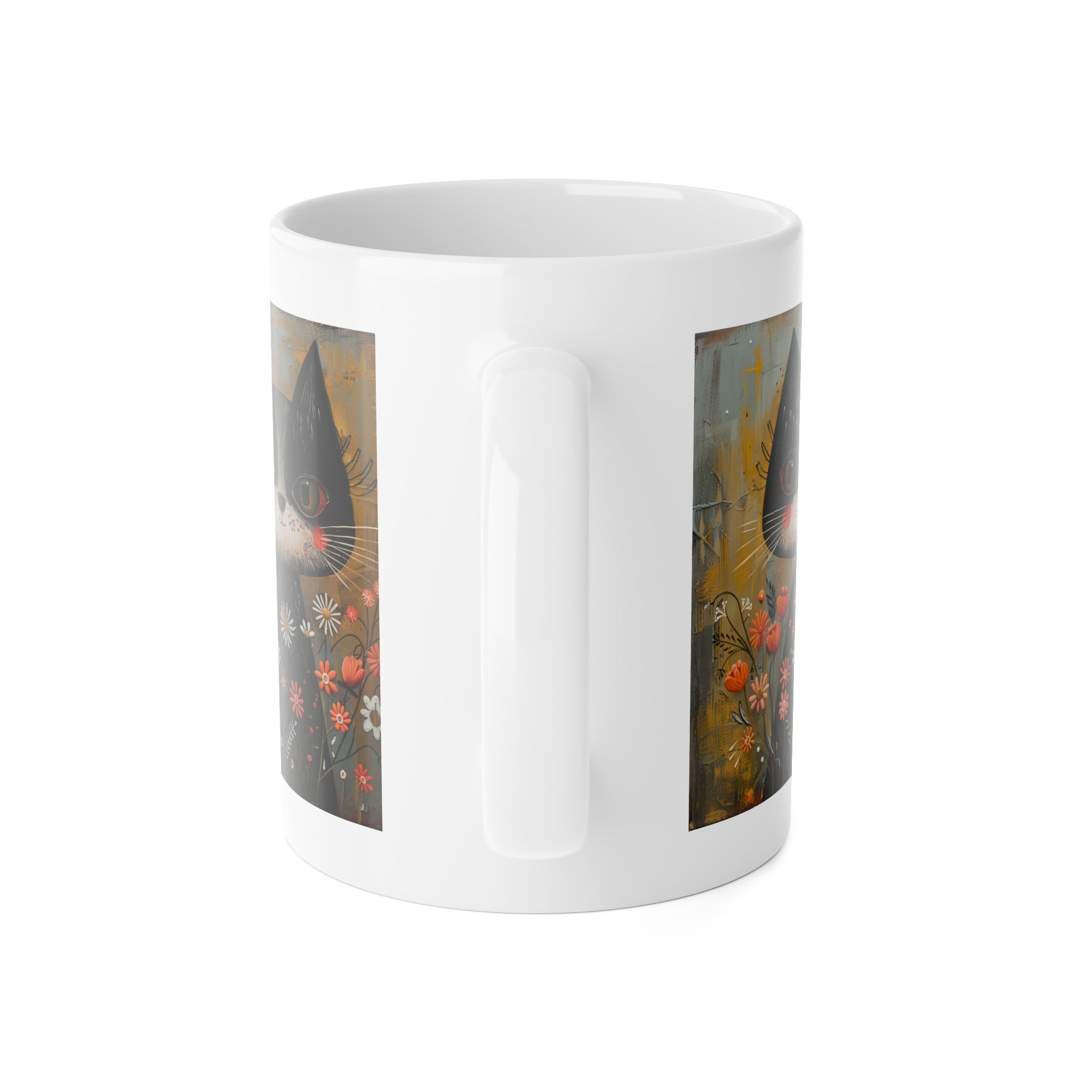 Cute Black Cat Floral Mug — Whimsical Daisy Garden Ceramic Coffee Cup