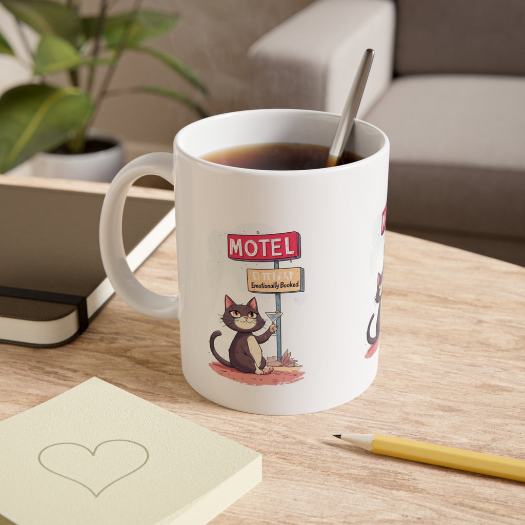 Motel Cat Ceramic Mug — 'Emotionally Booked' Cute Cat Coffee Cup, 11oz