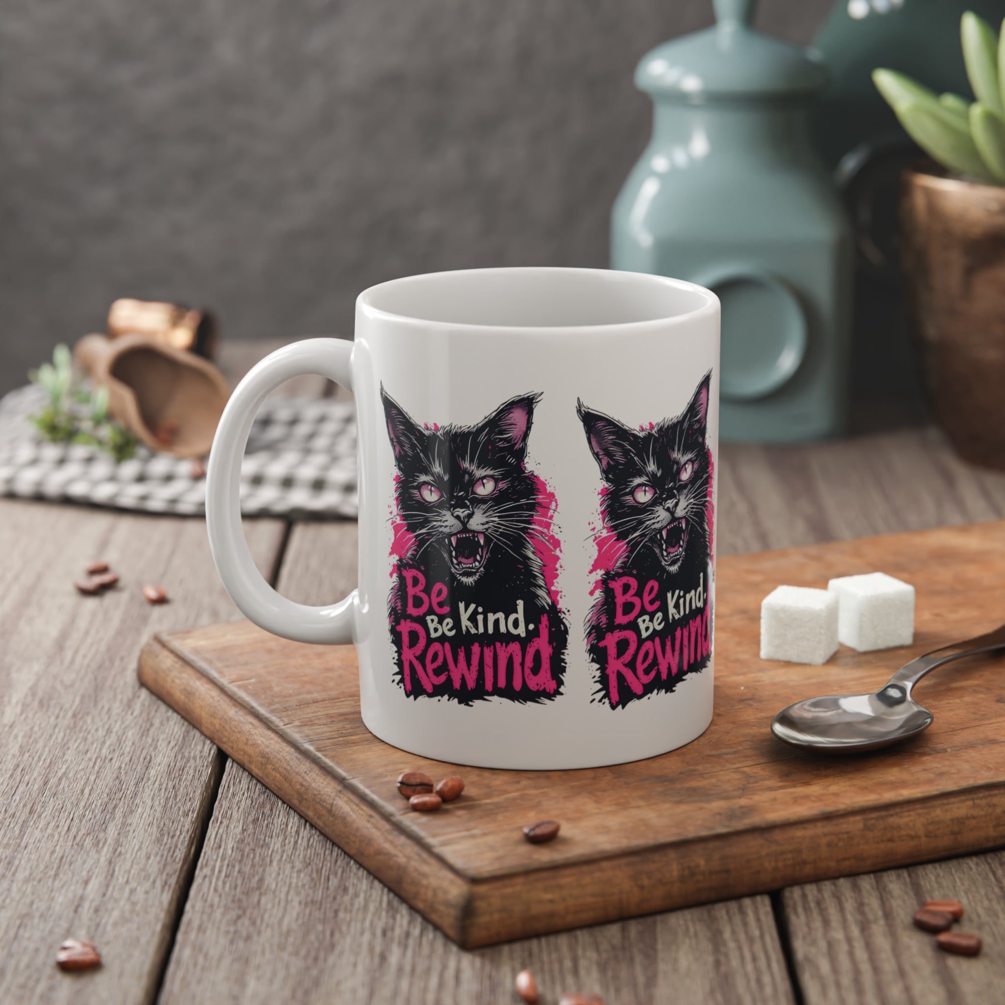 Cat Mug — 'Be Kind. Rewind.' Retro Grunge Black Cat Coffee Cup, Gift for Cat Lovers
