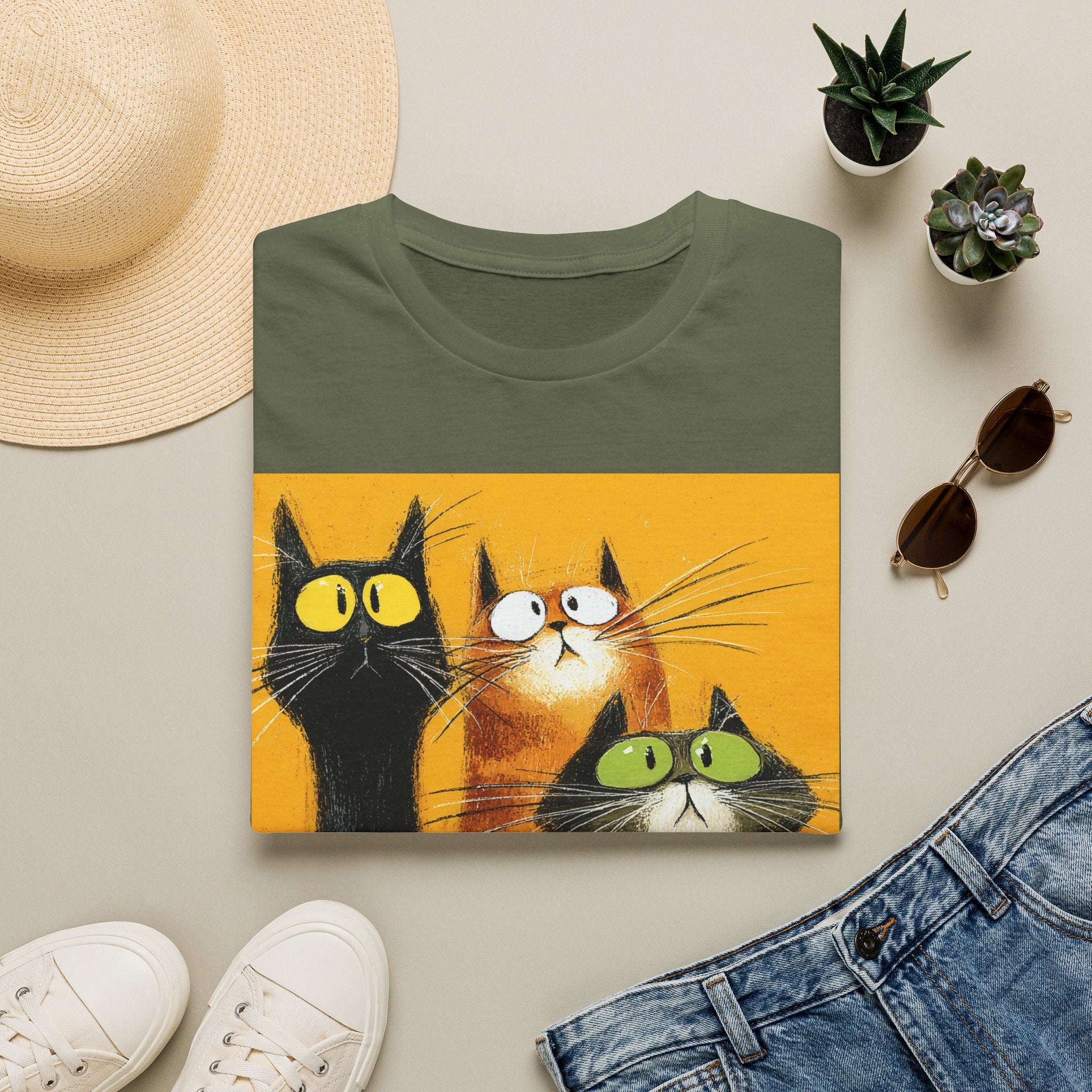 Cat Trio Graphic T-Shirt — Cute Whimsical Cats Art Tee