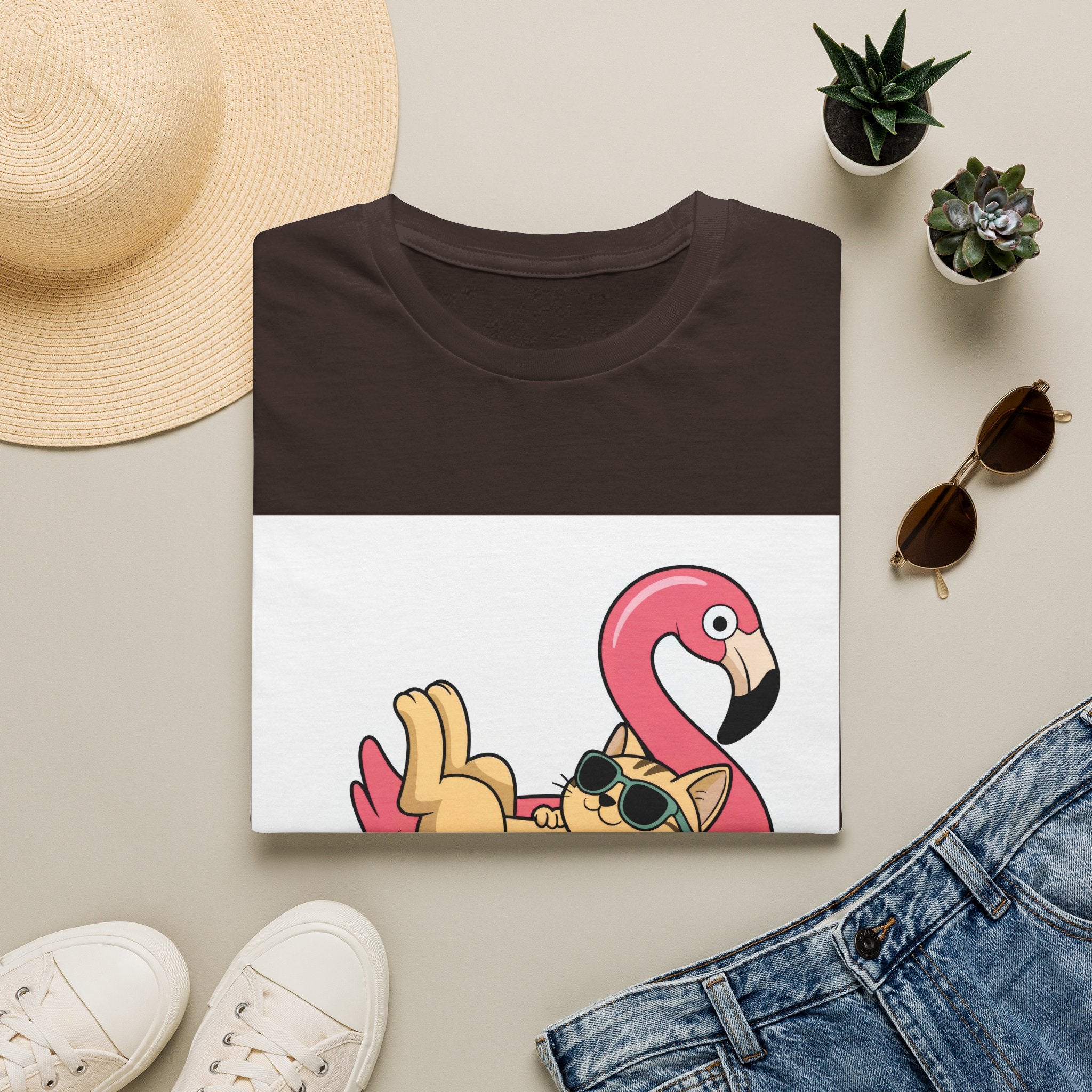 Cat on Flamingo Float T-Shirt — Cute Summer Pool Cat Graphic Tee