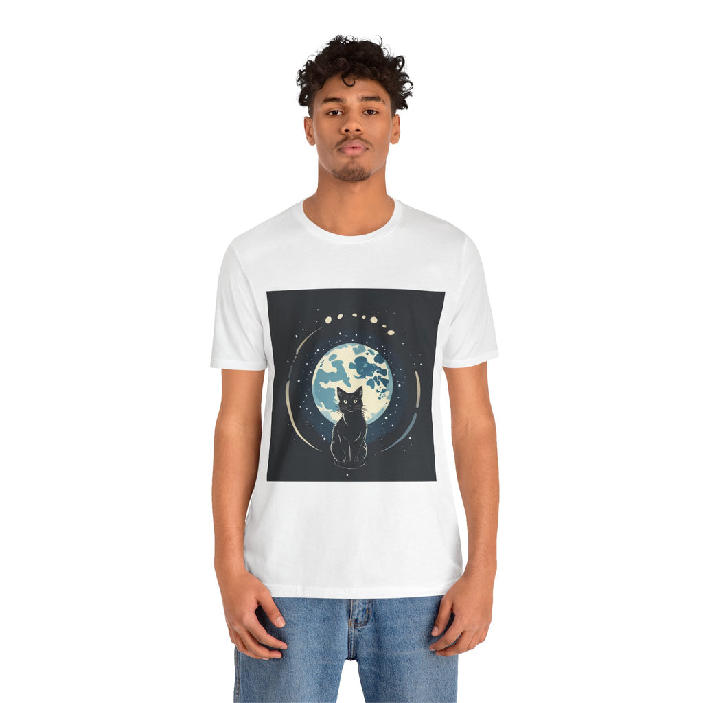 Moonlit Cat T‑Shirt — Black Cat Silhouette with Full Moon Graphic