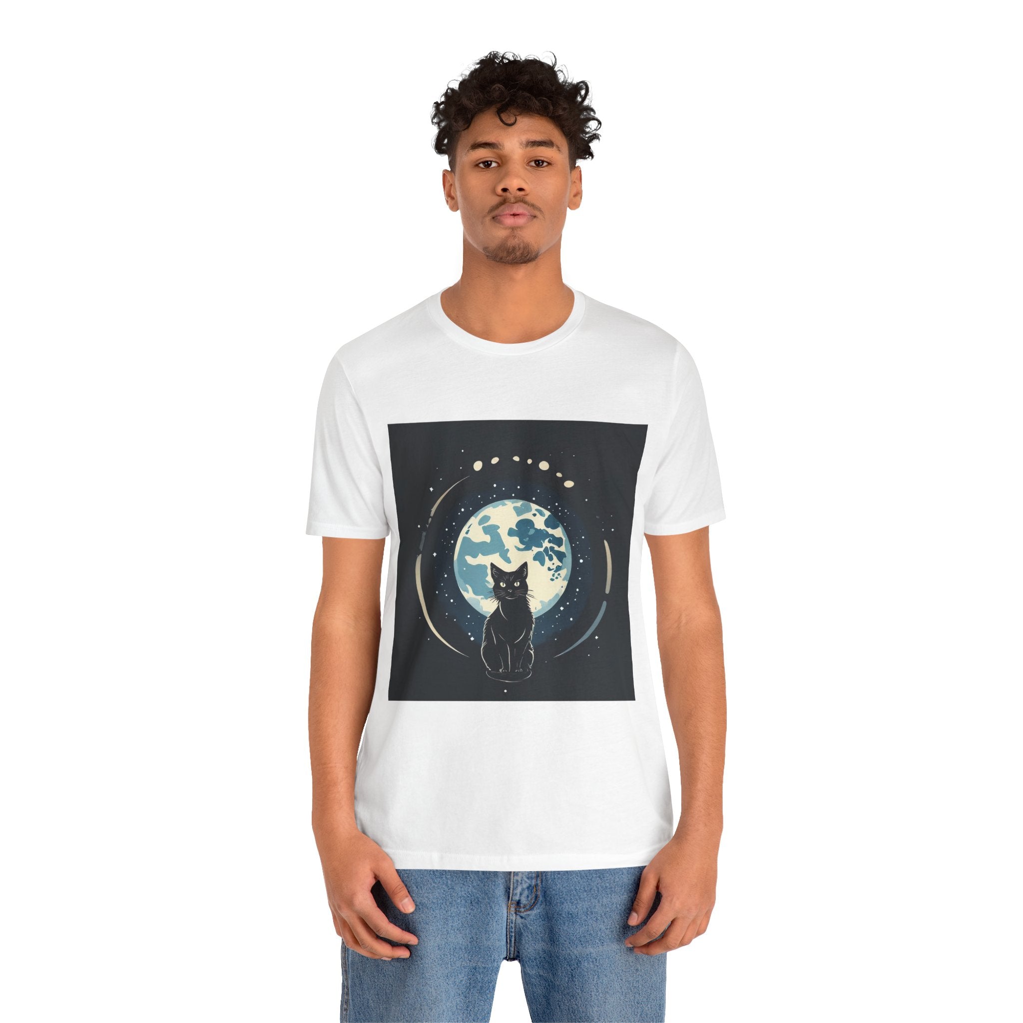Moonlit Cat T‑Shirt — Black Cat Silhouette with Full Moon Graphic