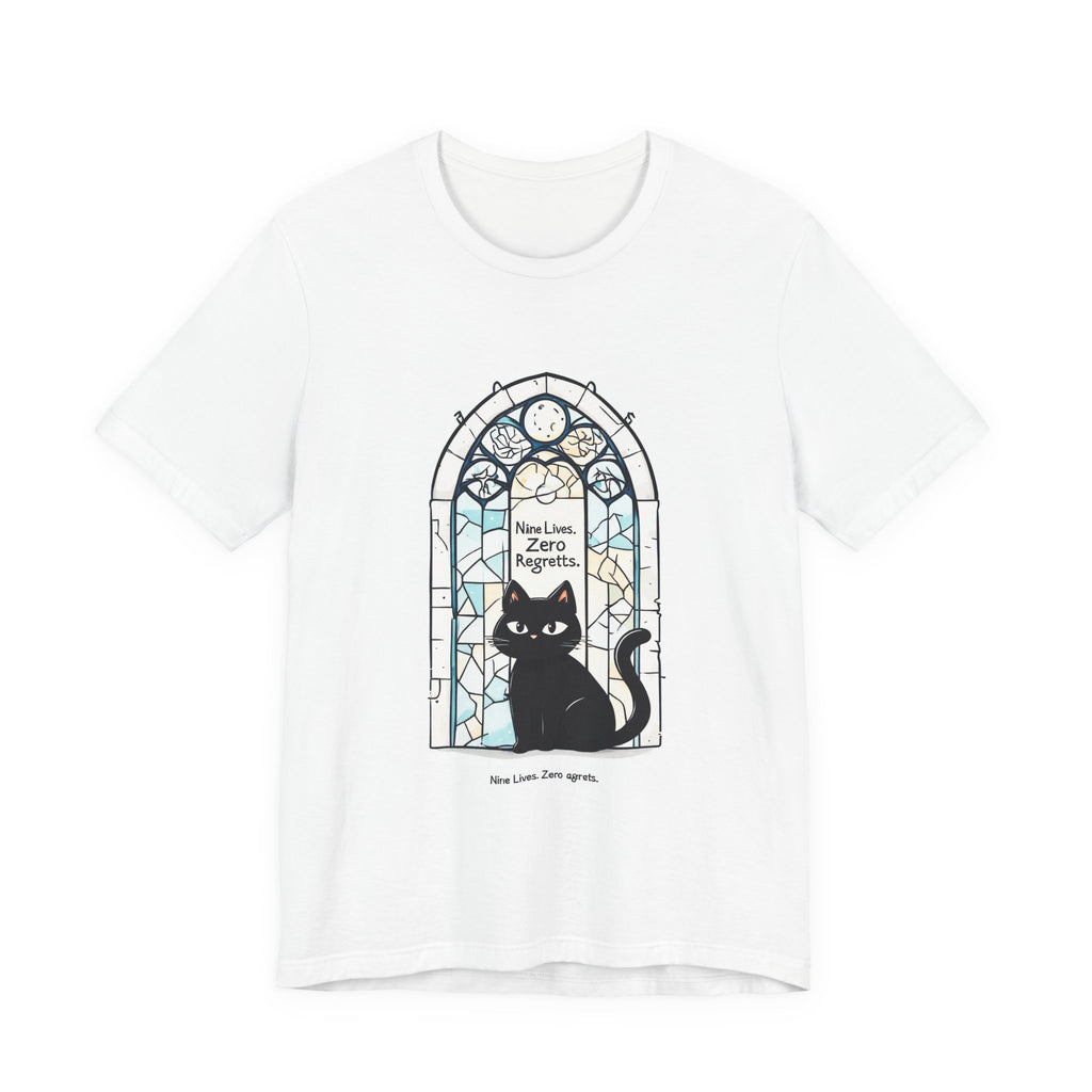 Cat Stained Glass Tee — 'No Lives, Zero Regrets' Graphic T-Shirt