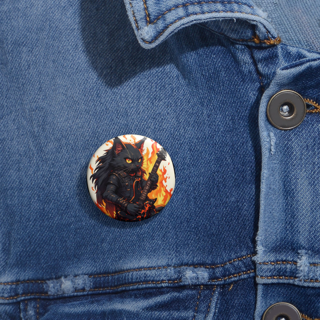 Flaming Rock Cat Pin Button — Guitarist Black Cat Enamel-Style Badge