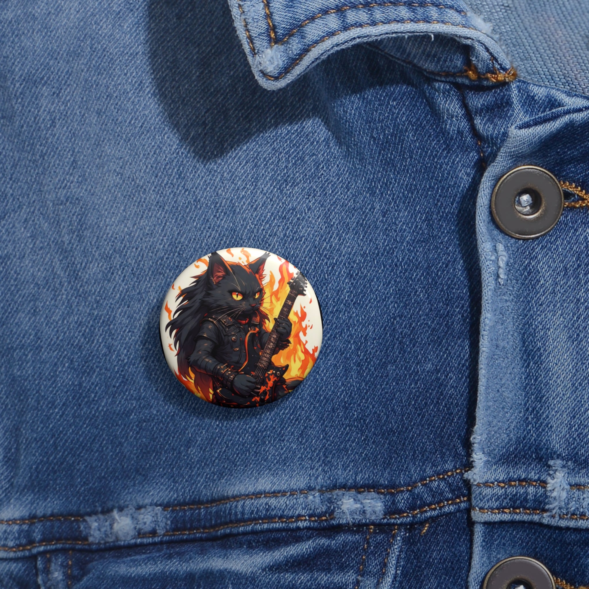 Flaming Rock Cat Pin Button — Guitarist Black Cat Enamel-Style Badge