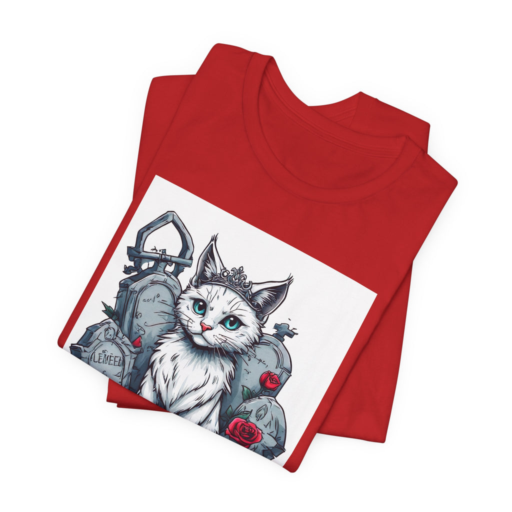 Gothic Cat Graveyard Tee – White Cat with Tombstones & Roses Graphic T-Shirt